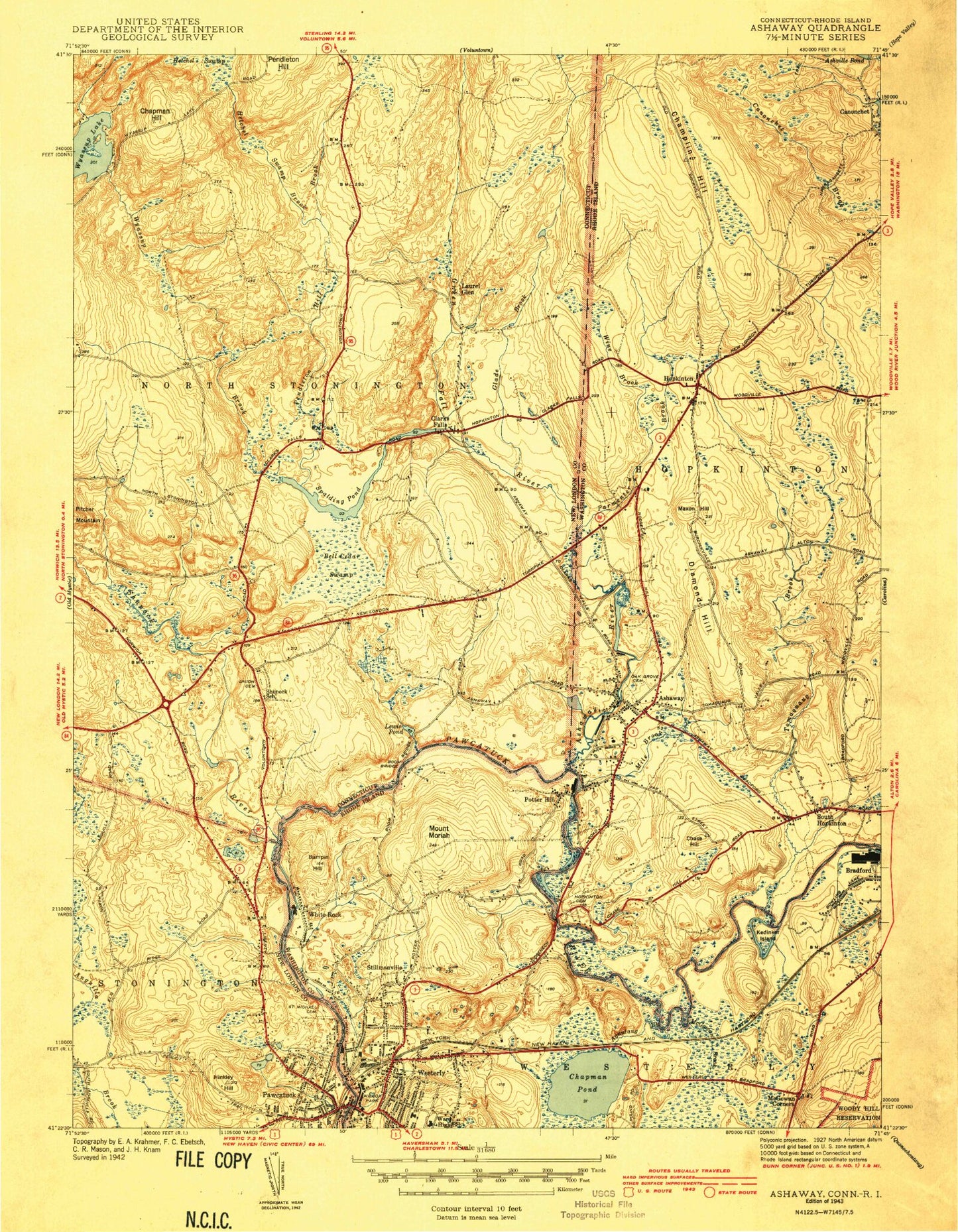 Classic USGS Ashaway Rhode Island 7.5'x7.5' Topo Map Image