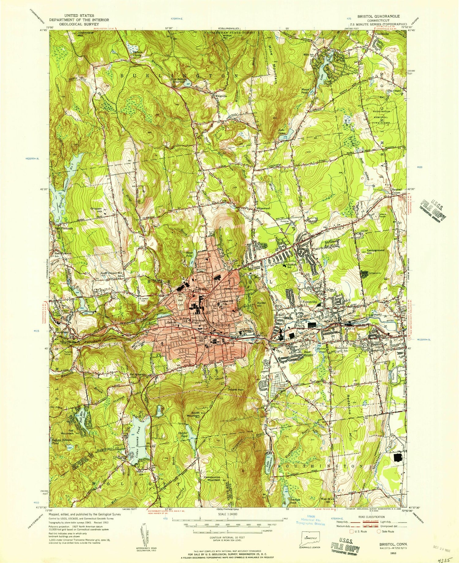 Classic USGS Bristol Connecticut 7.5'x7.5' Topo Map Image