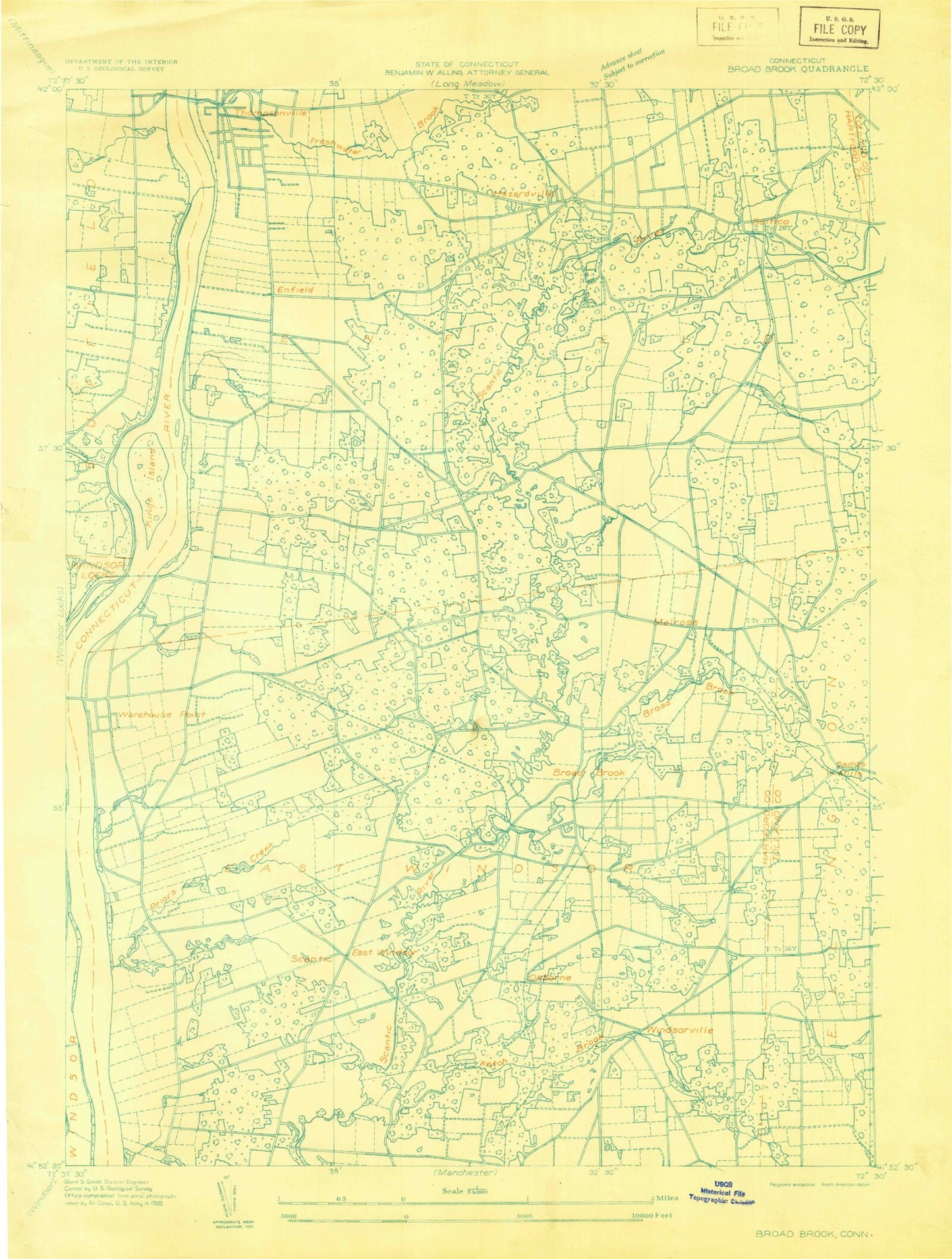 Classic USGS Broad Brook Connecticut 7.5'x7.5' Topo Map Image