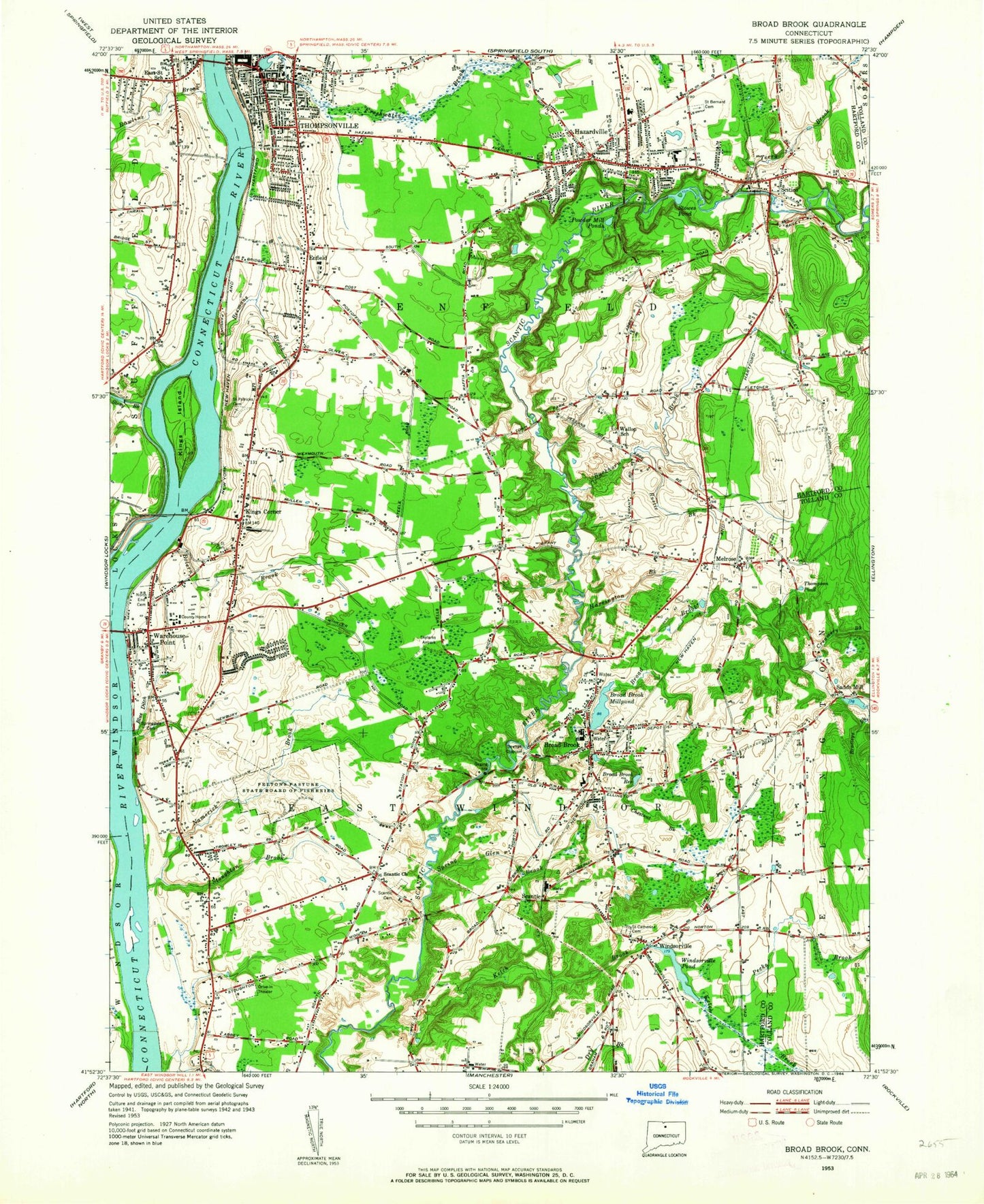 Classic USGS Broad Brook Connecticut 7.5'x7.5' Topo Map Image