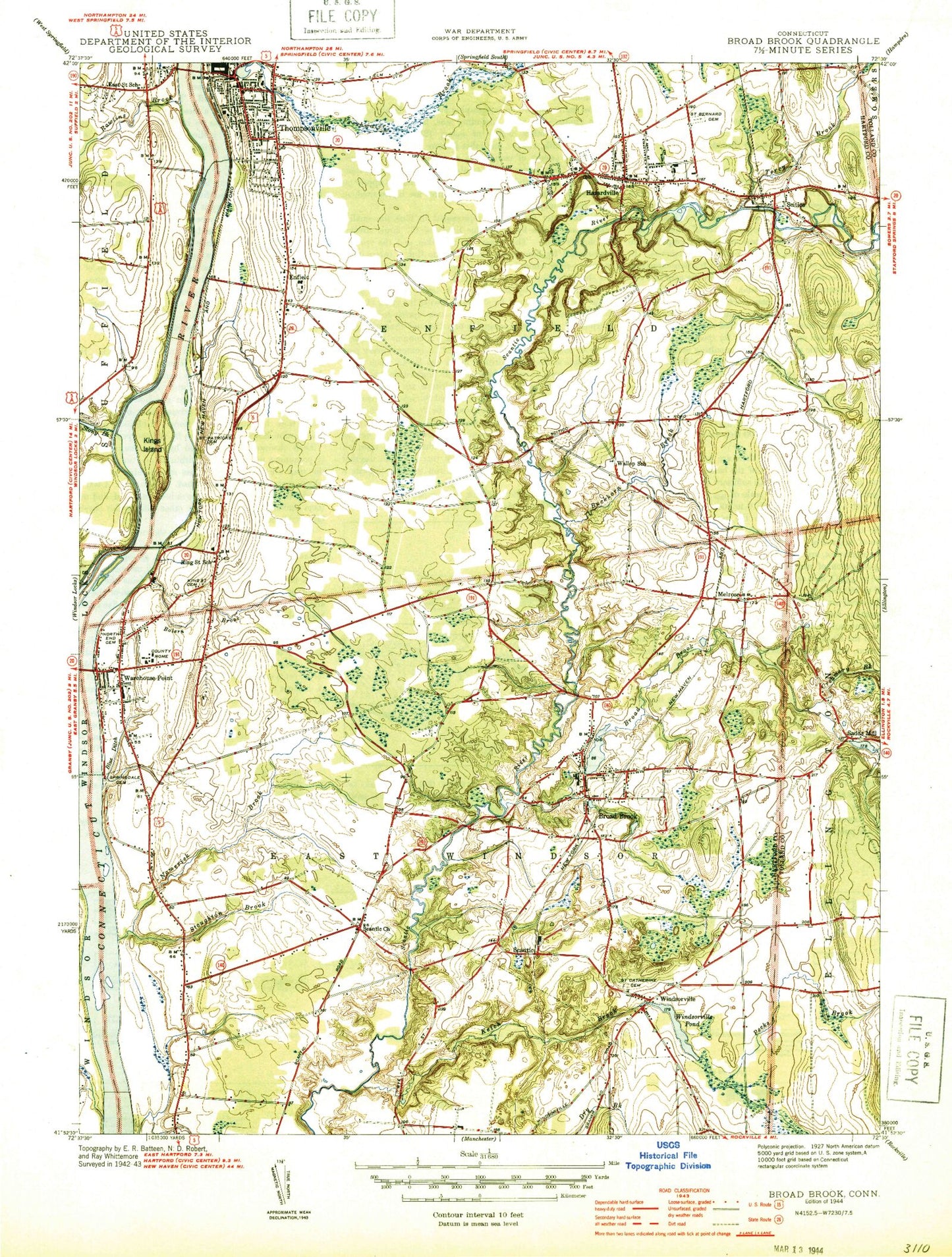 Classic USGS Broad Brook Connecticut 7.5'x7.5' Topo Map Image