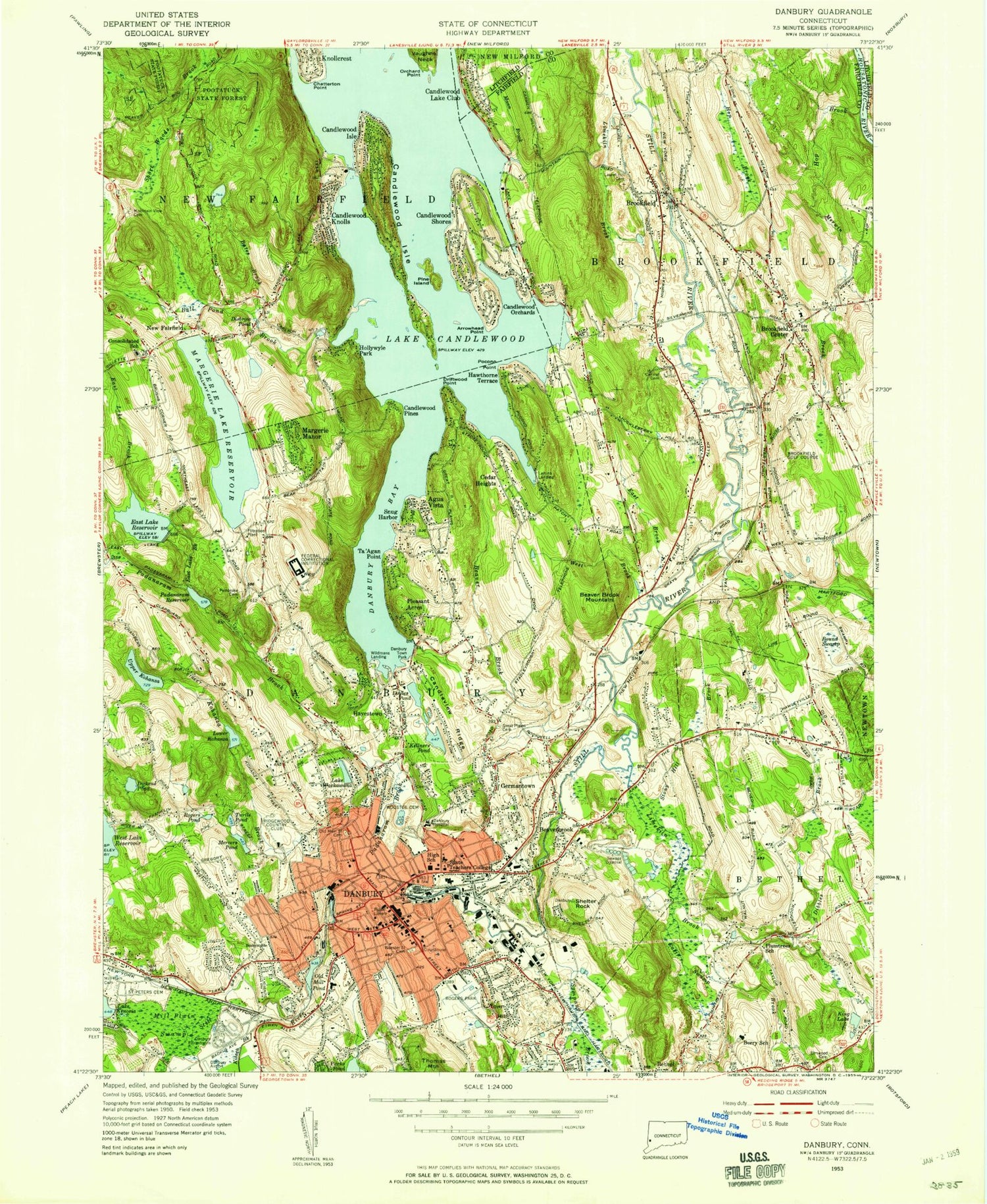 Classic USGS Danbury Connecticut 7.5'x7.5' Topo Map Image