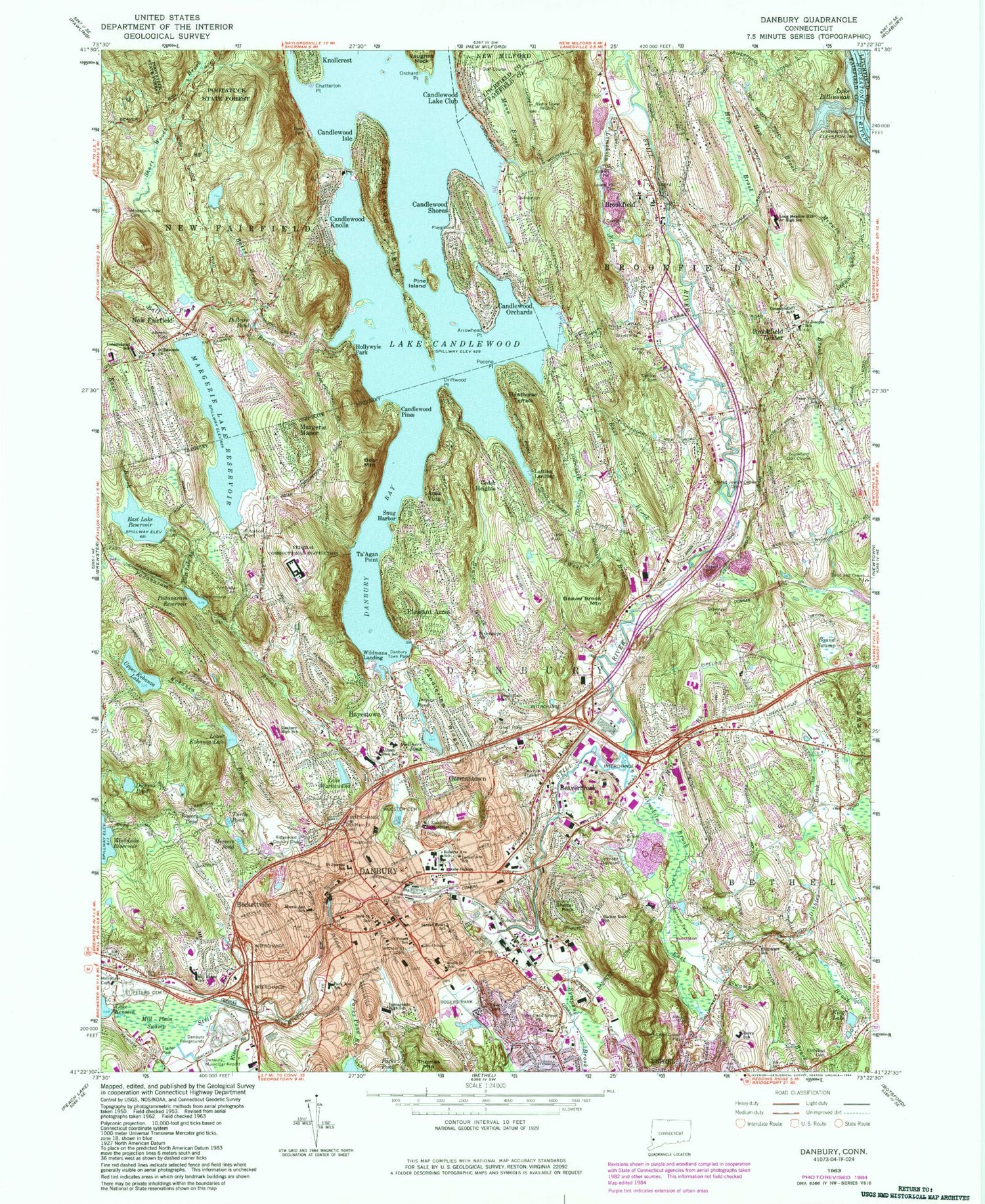 Classic USGS Danbury Connecticut 7.5'x7.5' Topo Map Image