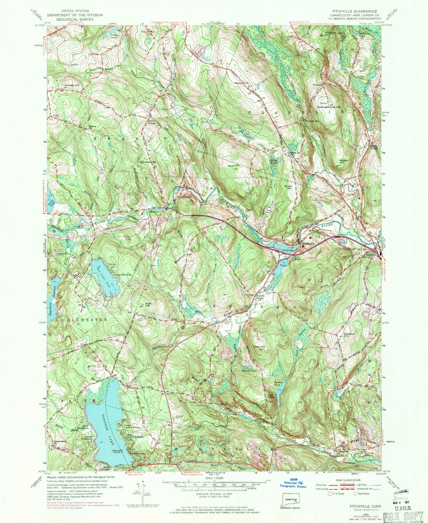 Classic USGS Fitchville Connecticut 7.5'x7.5' Topo Map Image