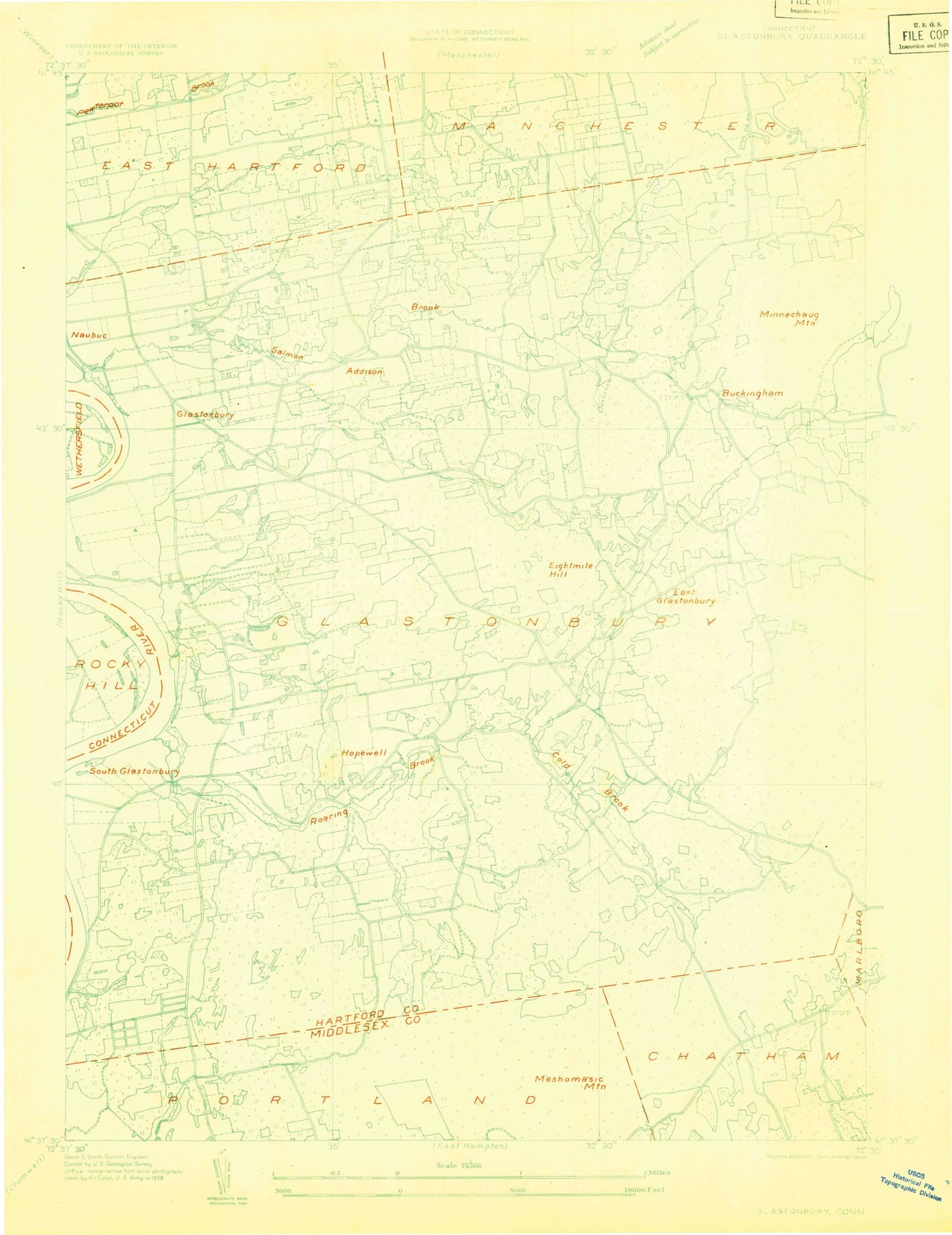 Classic USGS Glastonbury Connecticut 7.5'x7.5' Topo Map Image