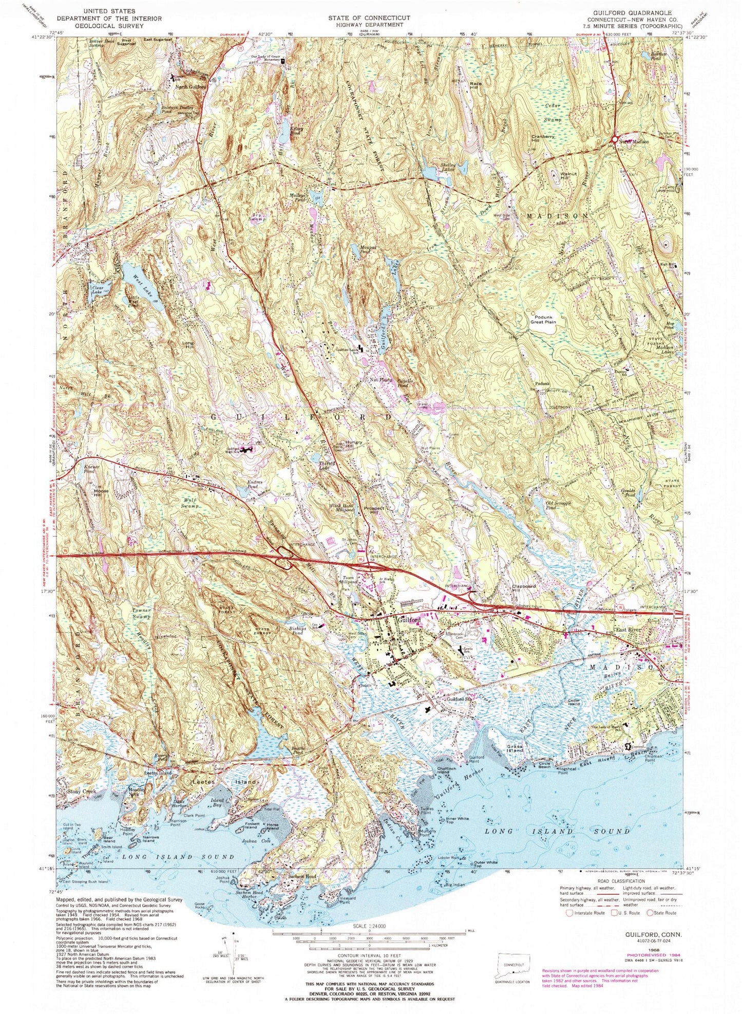 Classic USGS Guilford Connecticut 7.5'x7.5' Topo Map Image