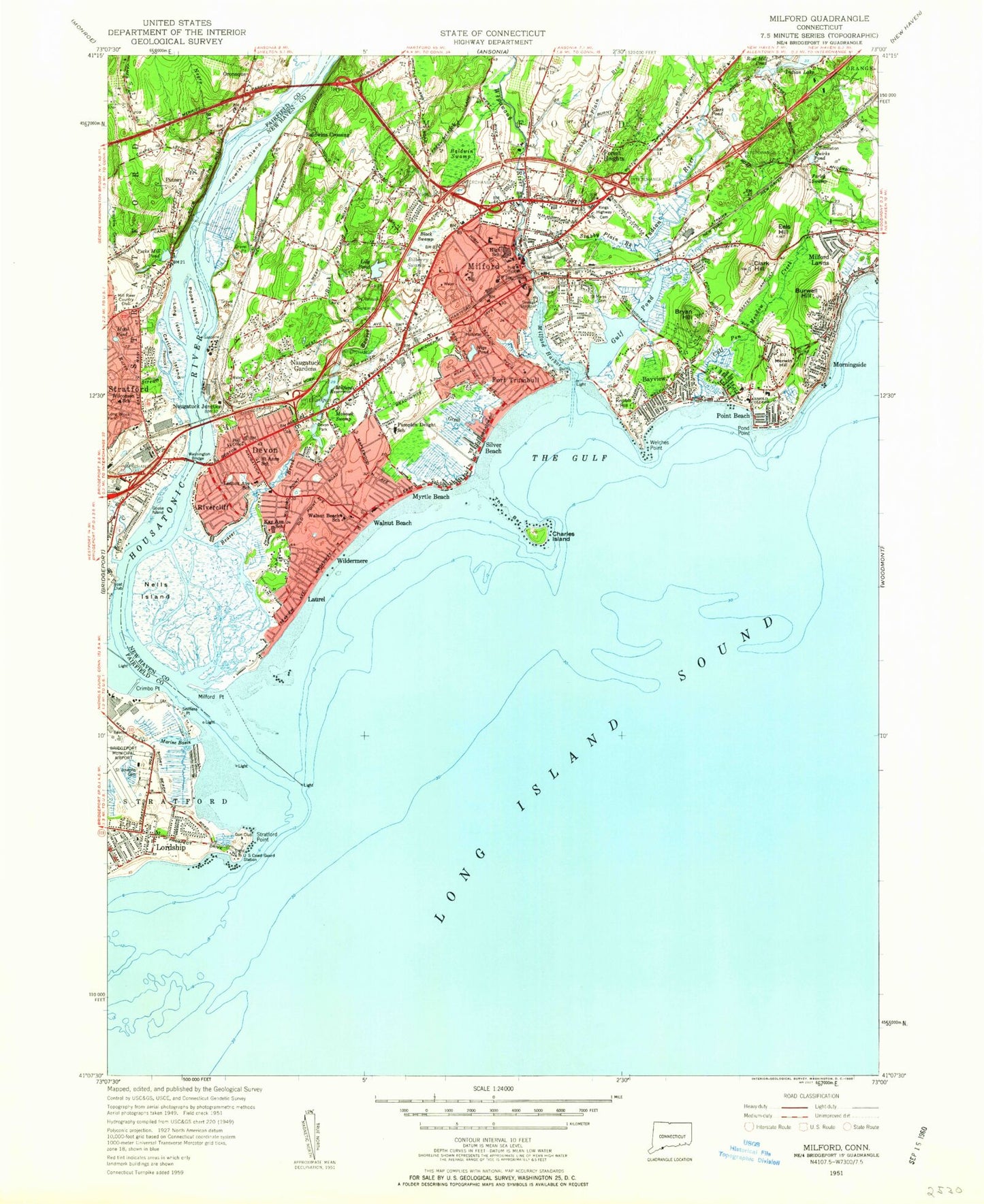 Classic USGS Milford Connecticut 7.5'x7.5' Topo Map Image
