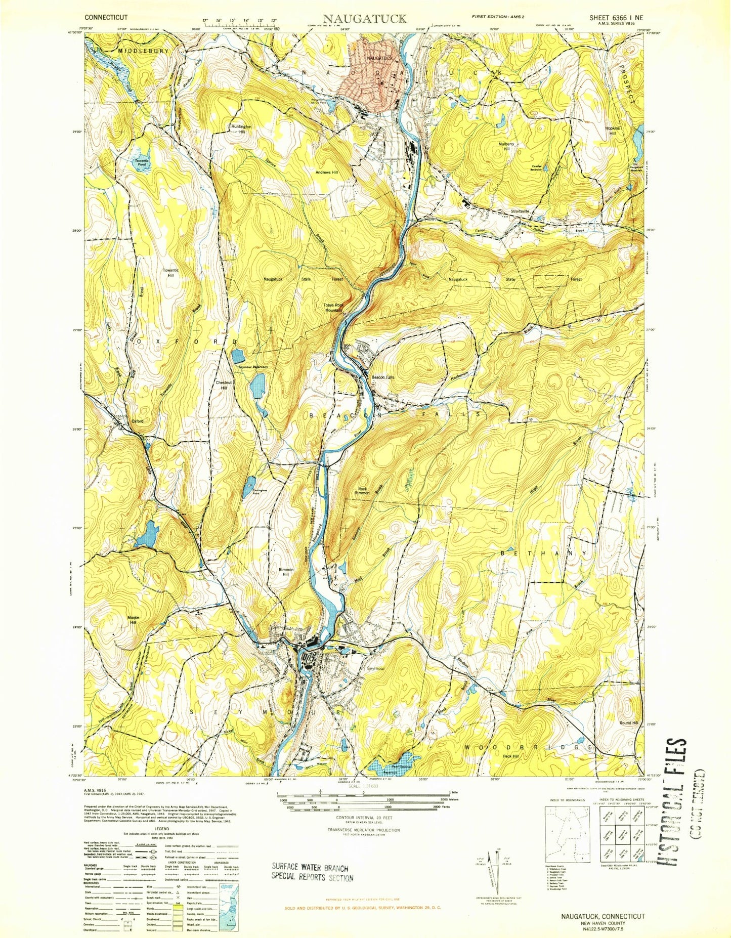 Classic USGS Naugatuck Connecticut 7.5'x7.5' Topo Map Image