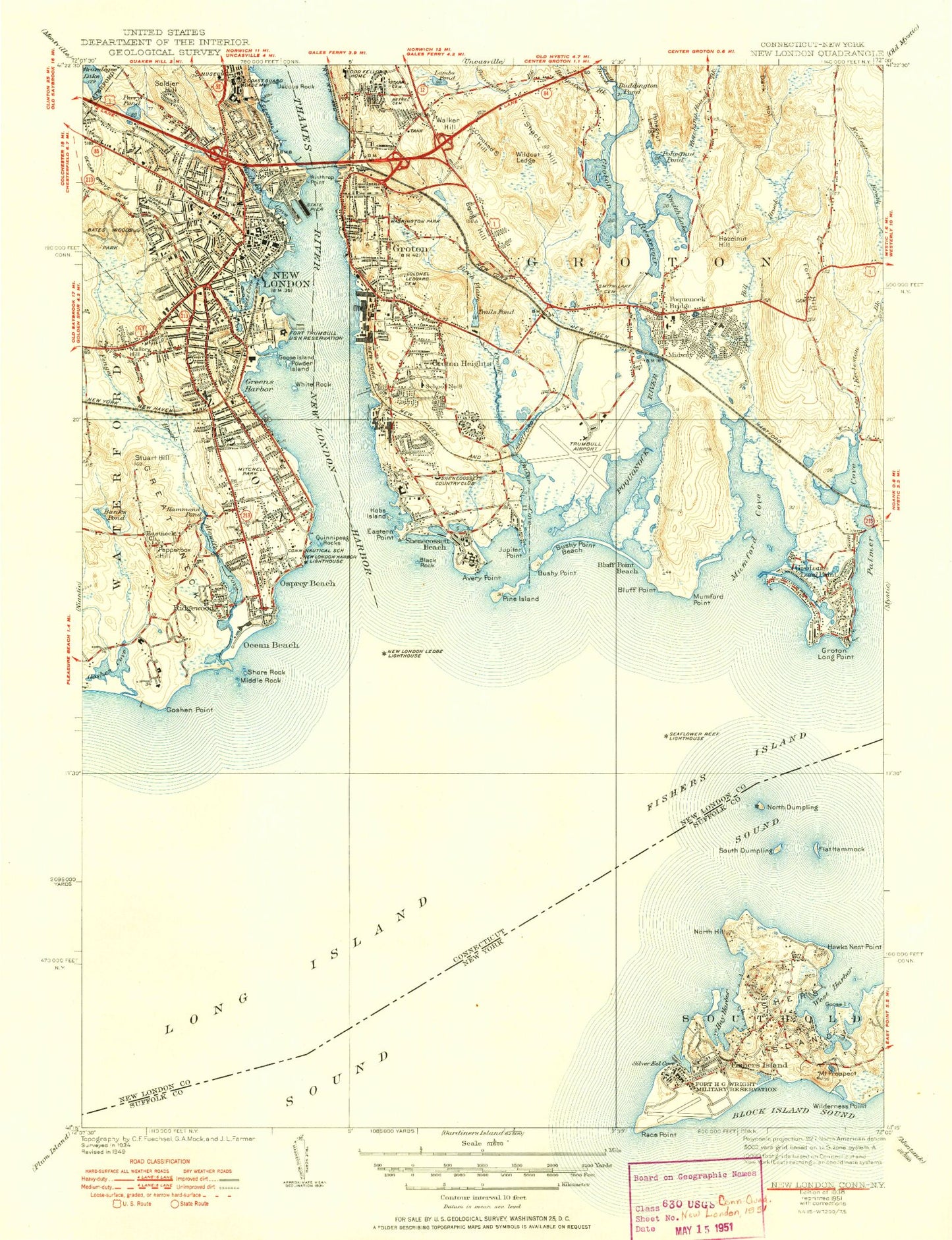 Classic USGS New London Connecticut 7.5'x7.5' Topo Map Image