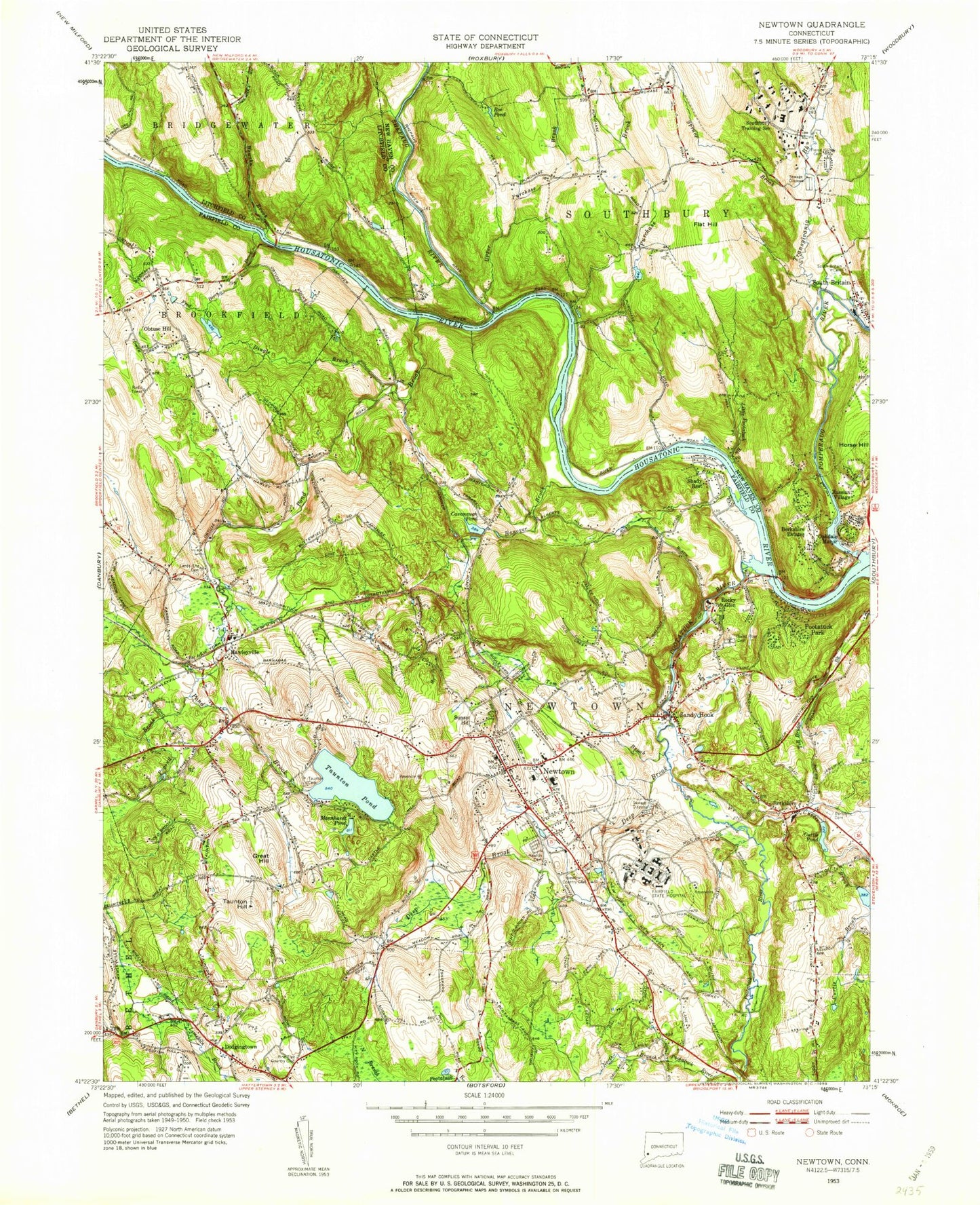 Classic USGS Newtown Connecticut 7.5'x7.5' Topo Map Image