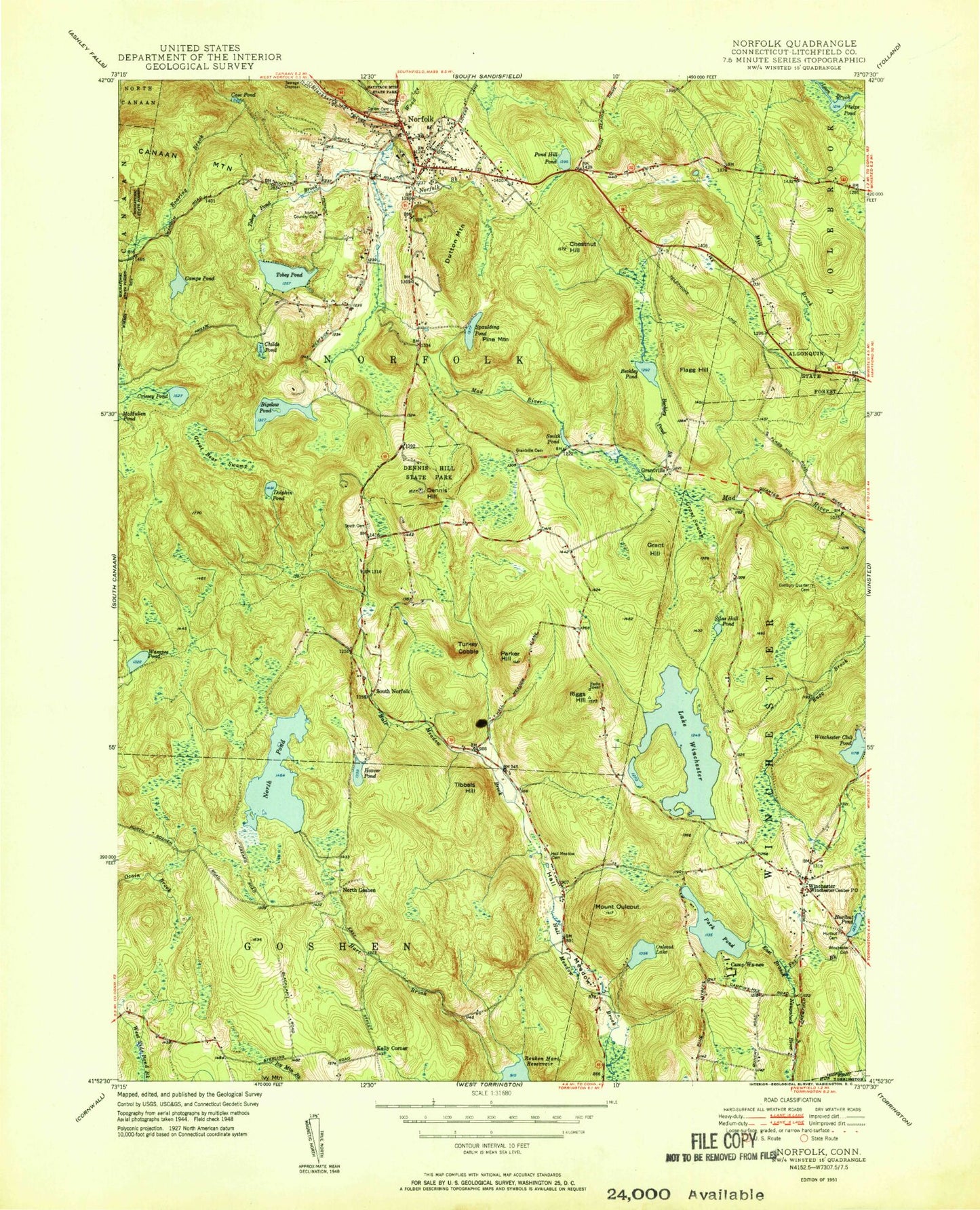 Classic USGS Norfolk Connecticut 7.5'x7.5' Topo Map Image
