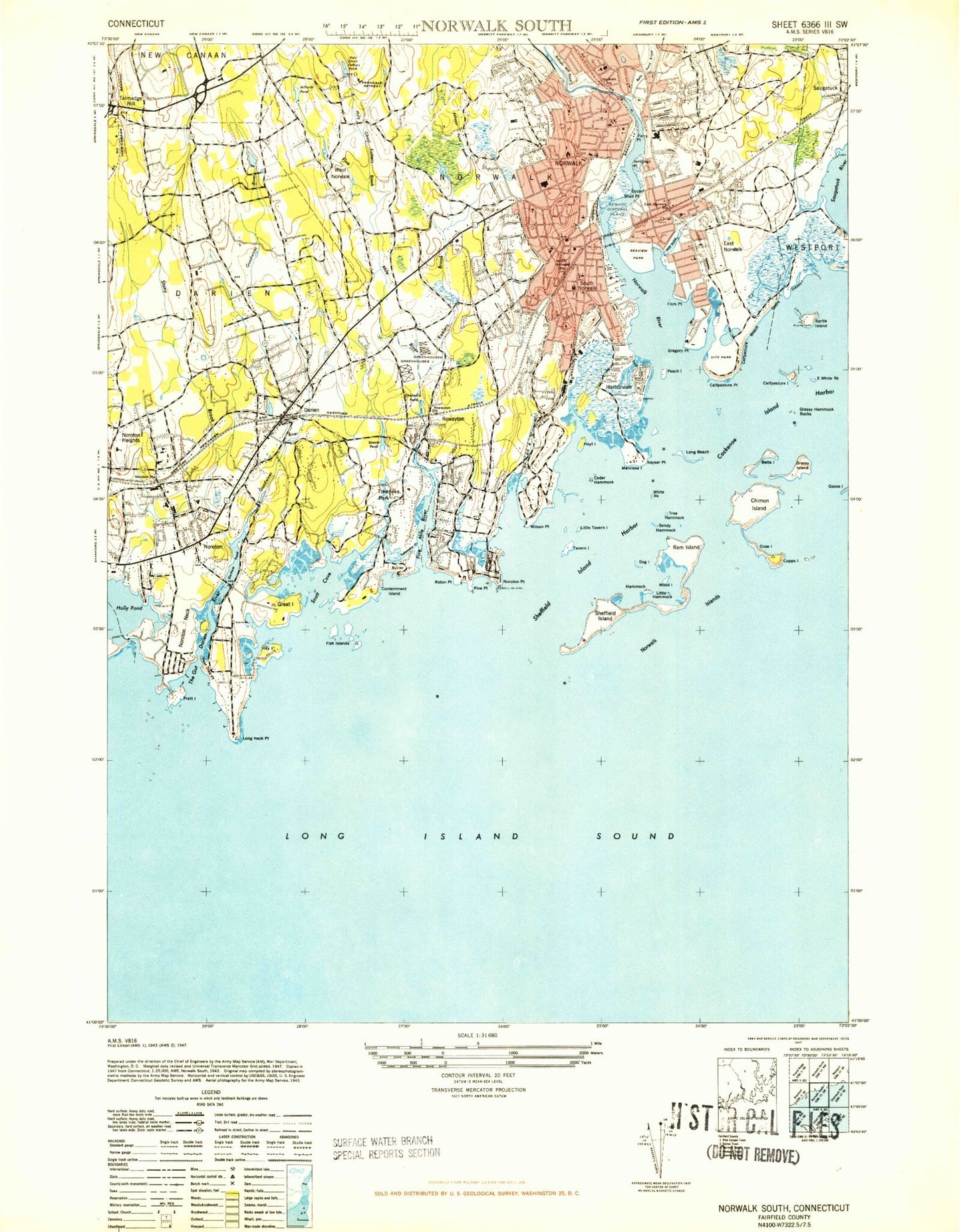 Classic USGS Norwalk South Connecticut 7.5'x7.5' Topo Map Image