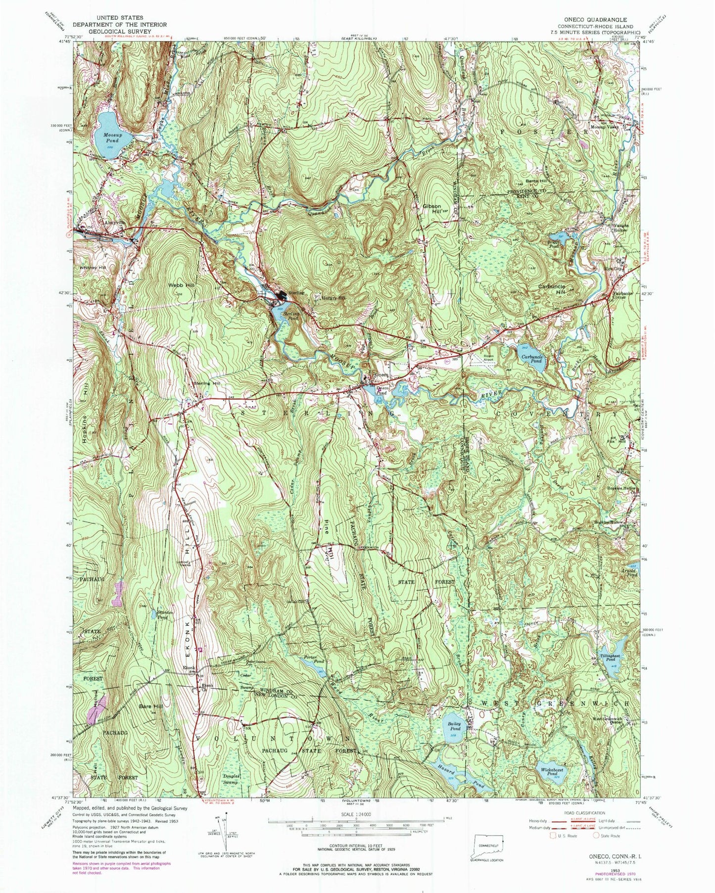 Classic USGS Oneco Connecticut 7.5'x7.5' Topo Map Image