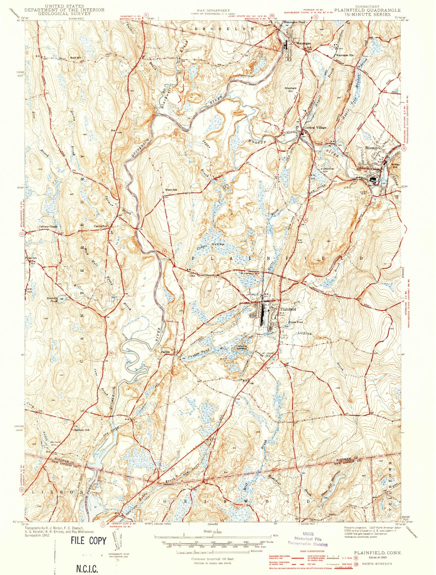 Classic USGS Plainfield Connecticut 7.5'x7.5' Topo Map Image