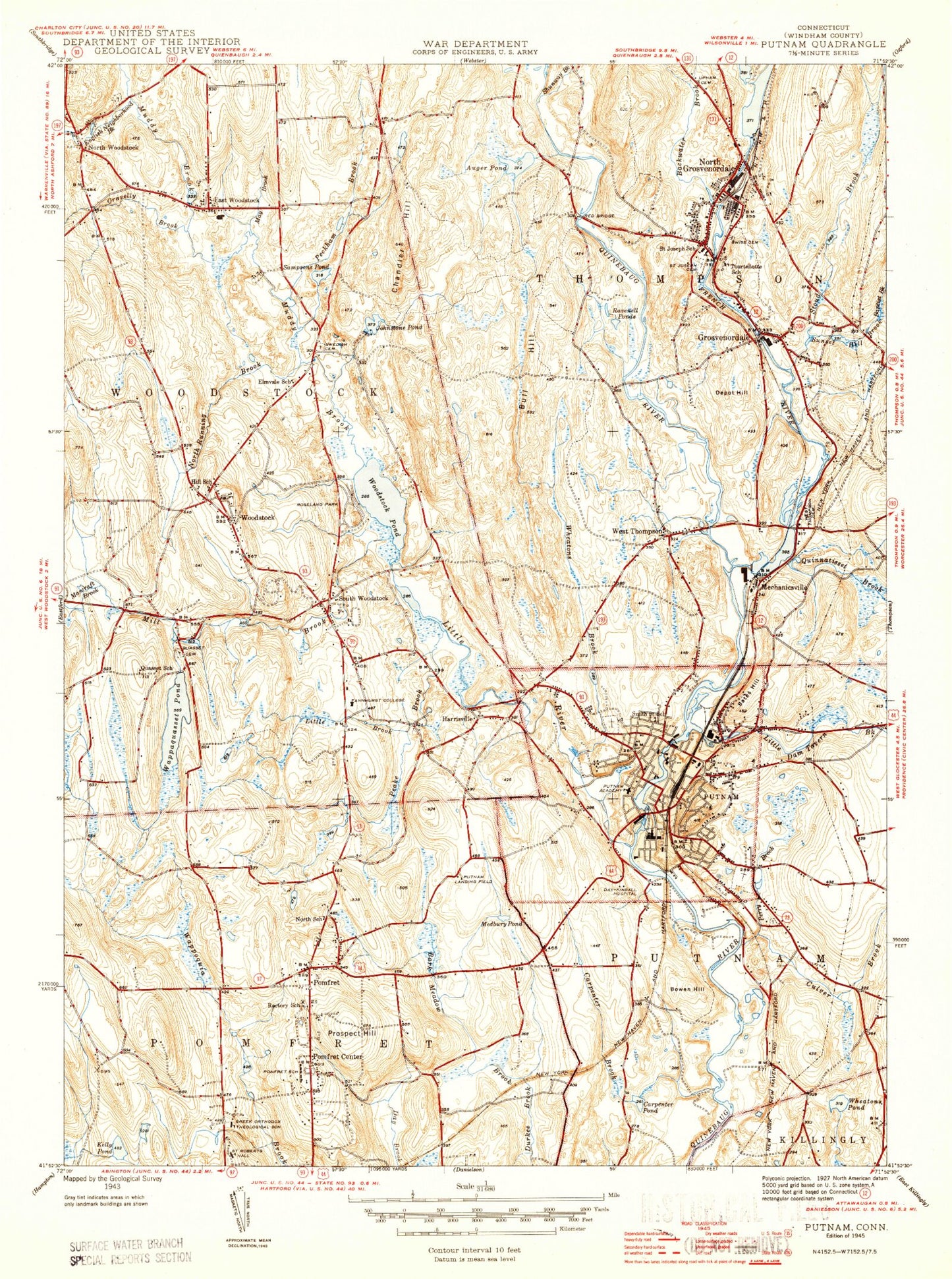 Classic USGS Putnam Connecticut 7.5'x7.5' Topo Map Image