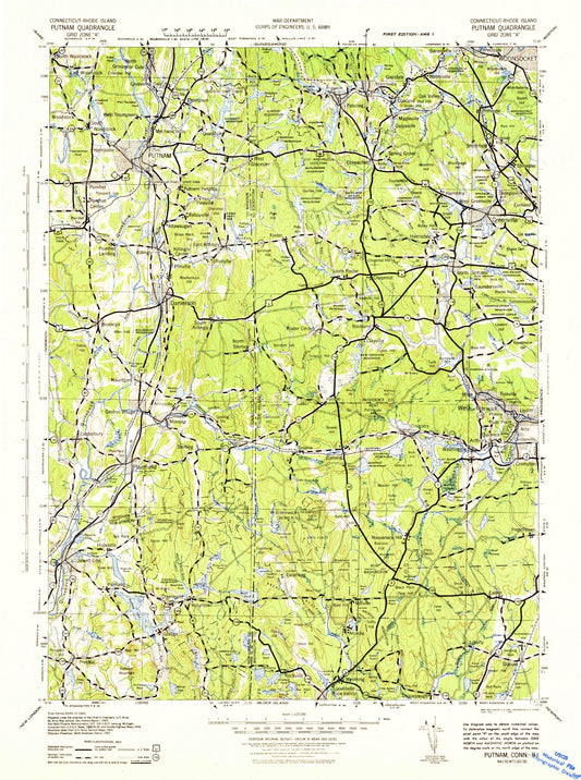 Historic 1943 Putnam Rhode Island 30'x30' Topo Map Image