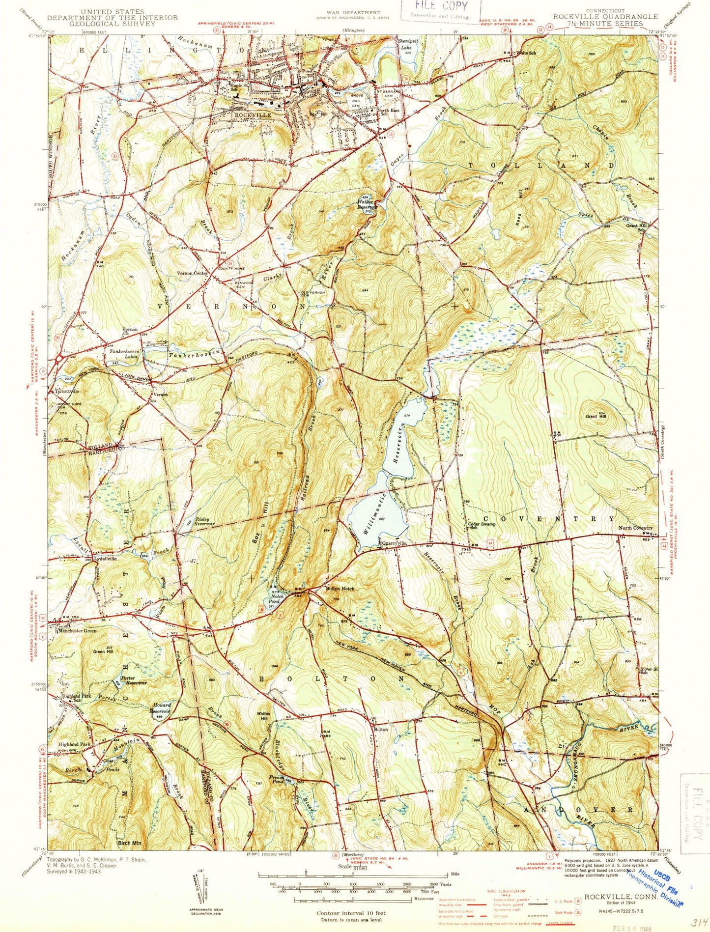 Classic USGS Rockville Connecticut 7.5'x7.5' Topo Map Image
