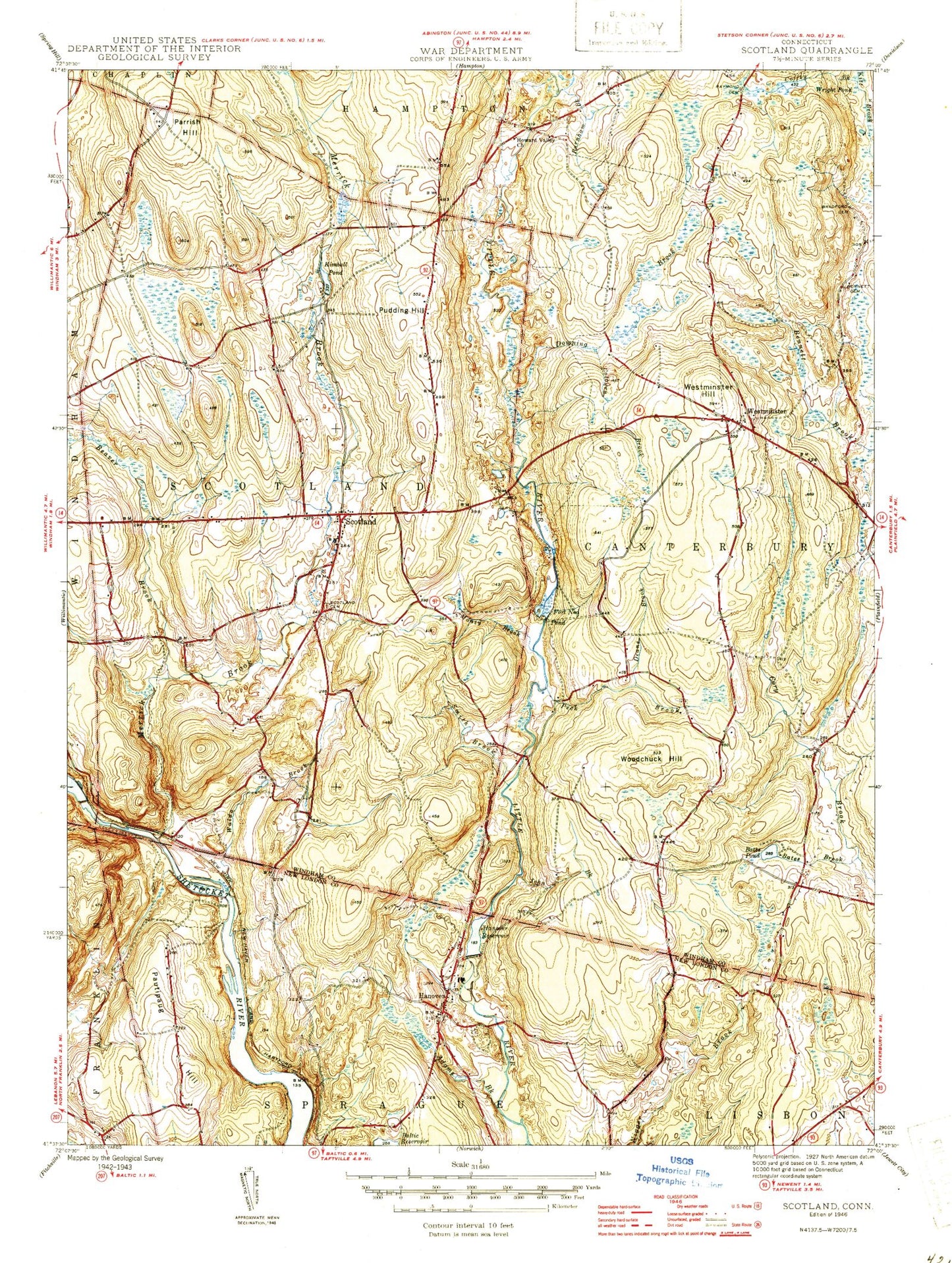 Classic USGS Scotland Connecticut 7.5'x7.5' Topo Map Image