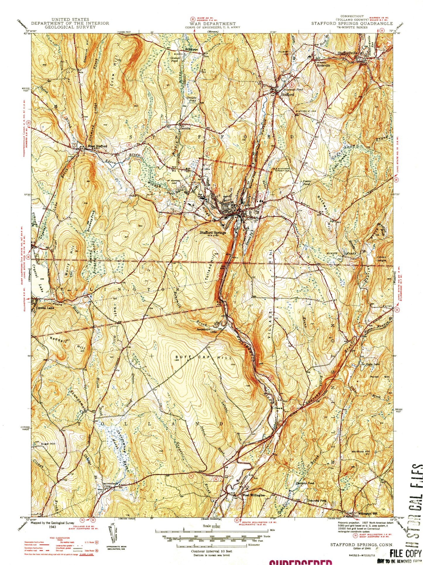 Classic USGS Stafford Springs Connecticut 7.5'x7.5' Topo Map Image
