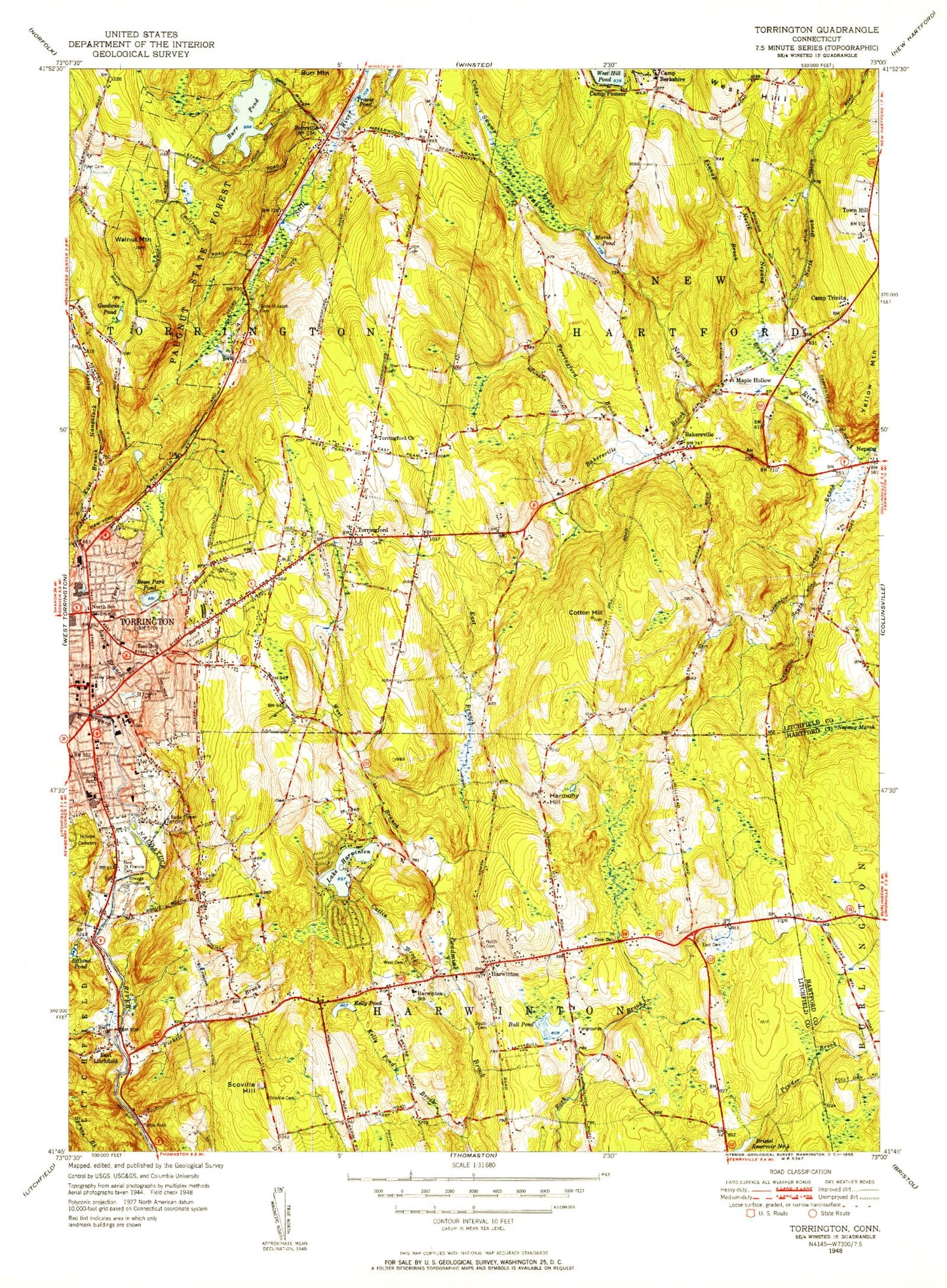 Classic USGS Torrington Connecticut 7.5'x7.5' Topo Map Image