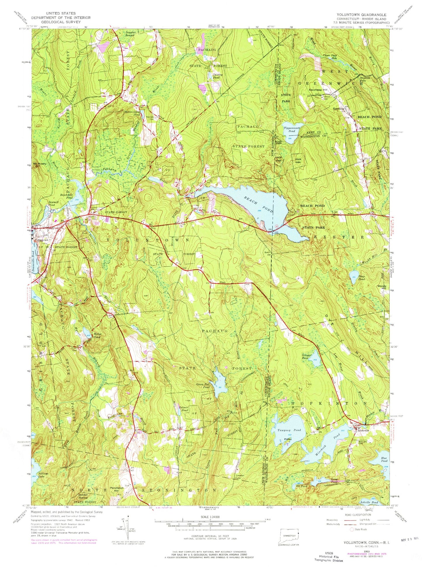 Classic USGS Voluntown Connecticut 7.5'x7.5' Topo Map Image