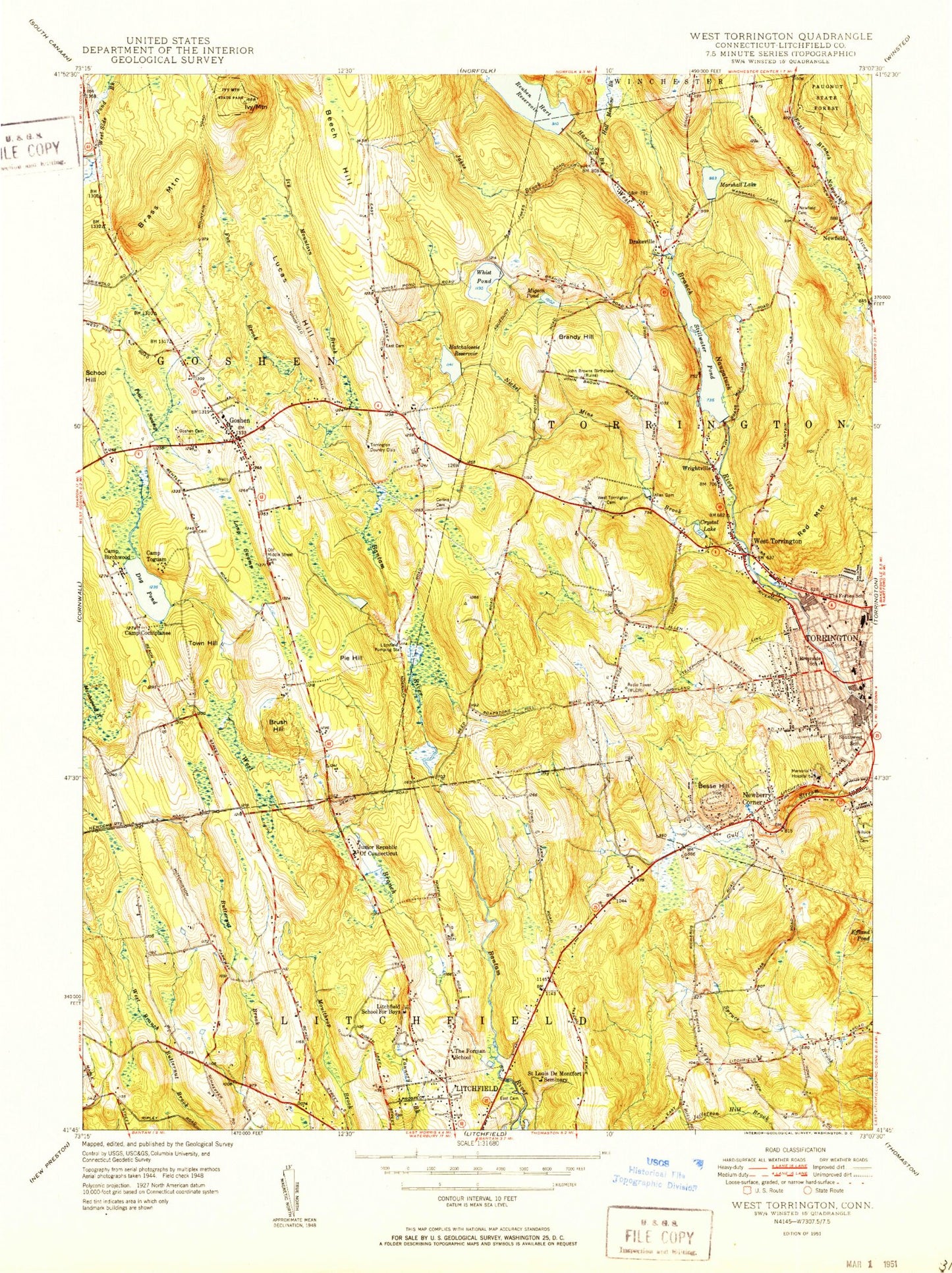 Classic USGS West Torrington Connecticut 7.5'x7.5' Topo Map Image