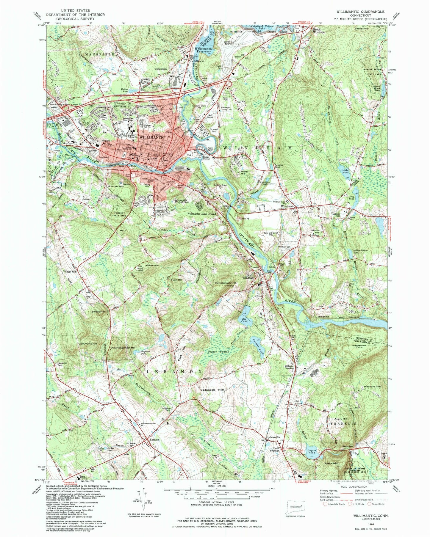Classic USGS Willimantic Connecticut 7.5'x7.5' Topo Map Image