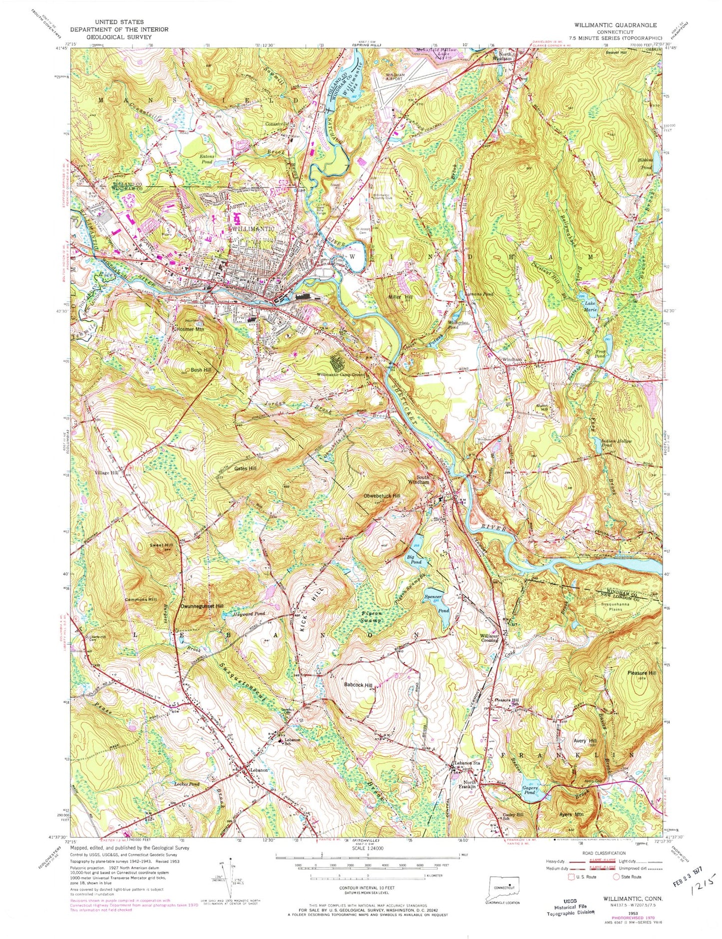 Classic USGS Willimantic Connecticut 7.5'x7.5' Topo Map Image