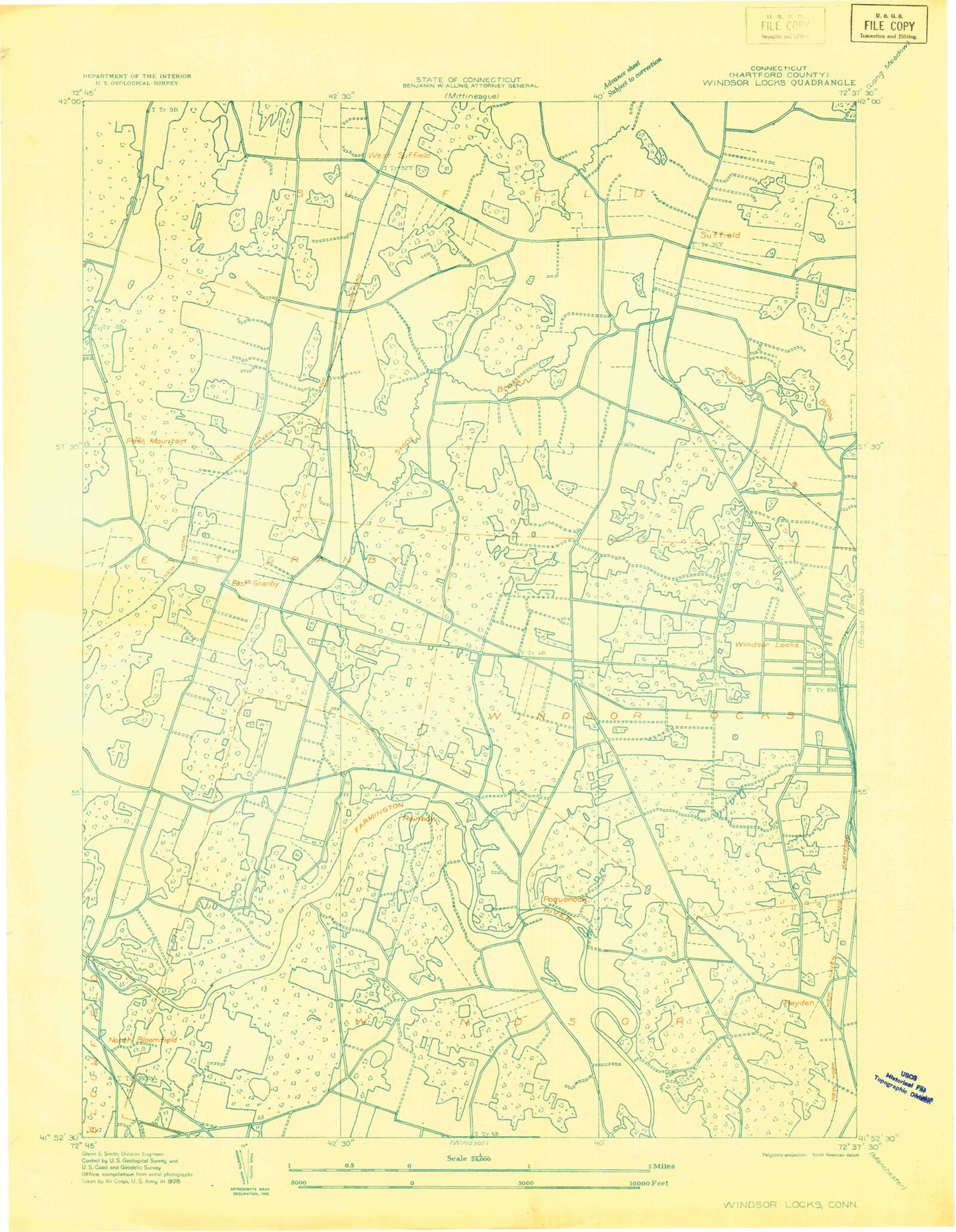 Classic USGS Windsor Locks Connecticut 7.5'x7.5' Topo Map Image