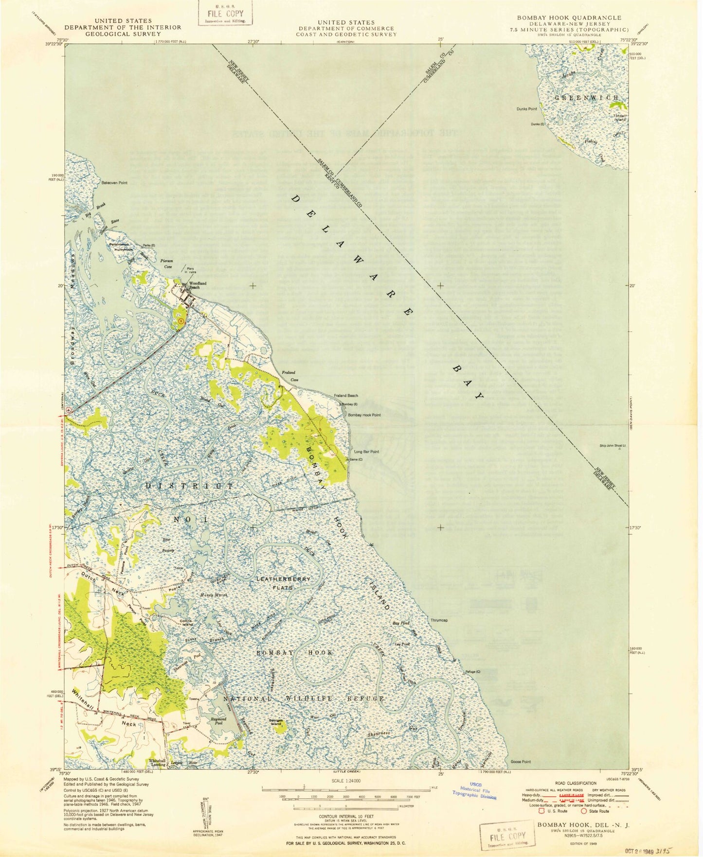 Classic USGS Bombay Hook Island Delaware 7.5'x7.5' Topo Map Image