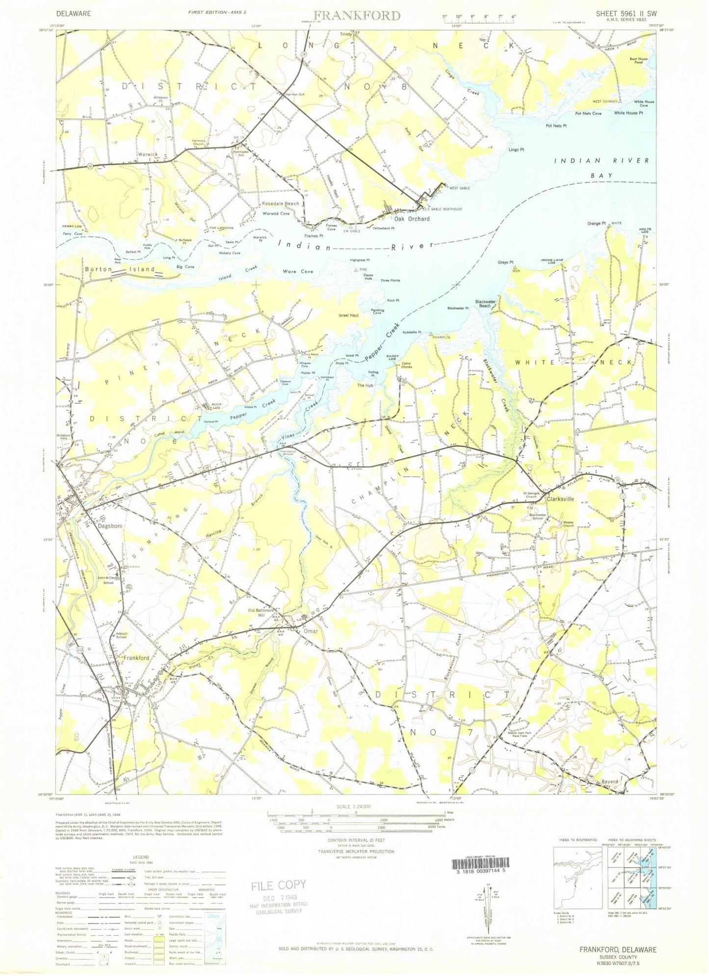 Classic USGS Frankford Delaware 7.5'x7.5' Topo Map Image