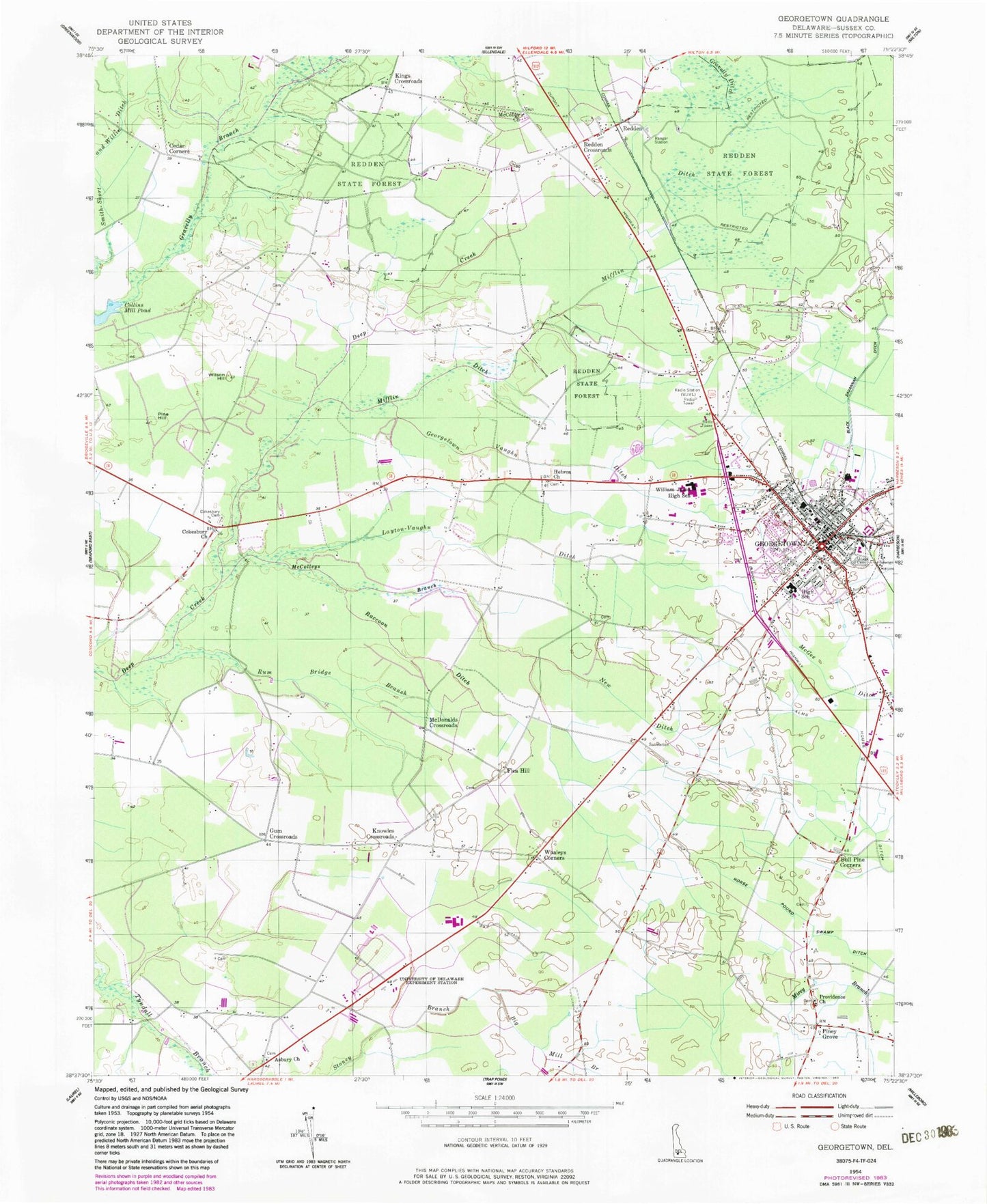 Classic USGS Georgetown Delaware 7.5'x7.5' Topo Map Image