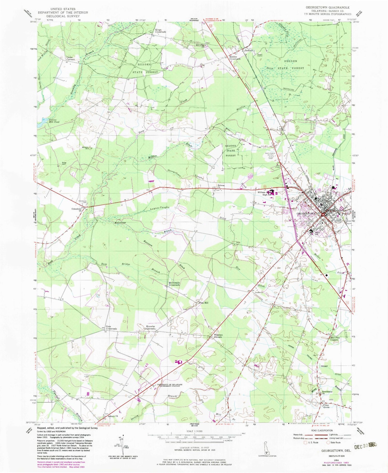 Classic USGS Georgetown Delaware 7.5'x7.5' Topo Map Image