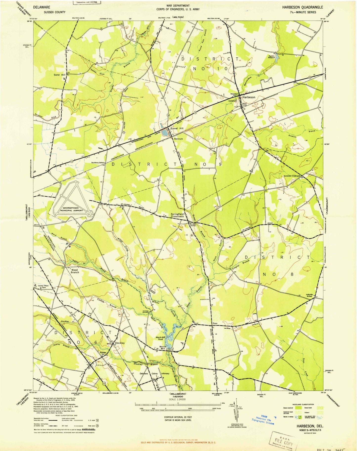 Classic USGS Harbeson Delaware 7.5'x7.5' Topo Map Image