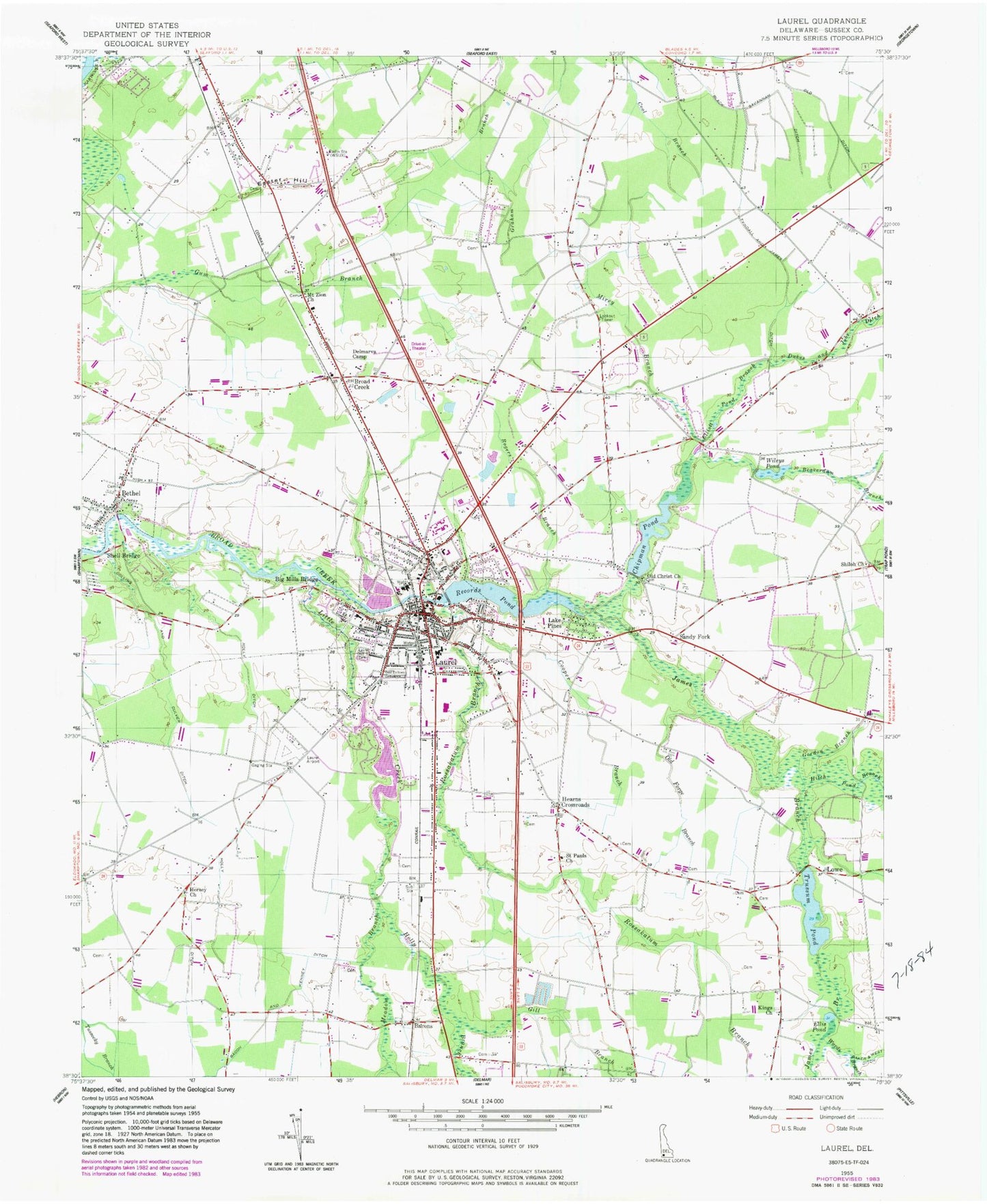 Classic USGS Laurel Delaware 7.5'x7.5' Topo Map Image