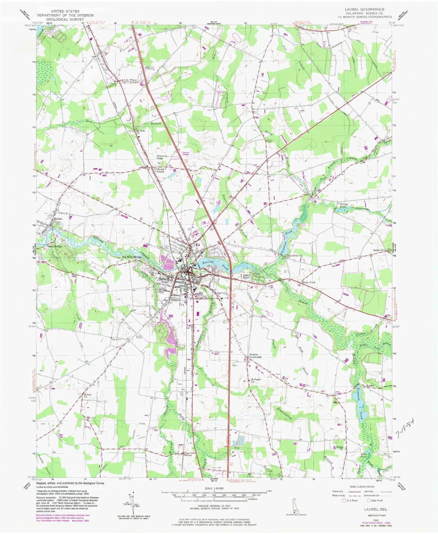 Classic USGS Laurel Delaware 7.5'x7.5' Topo Map Image