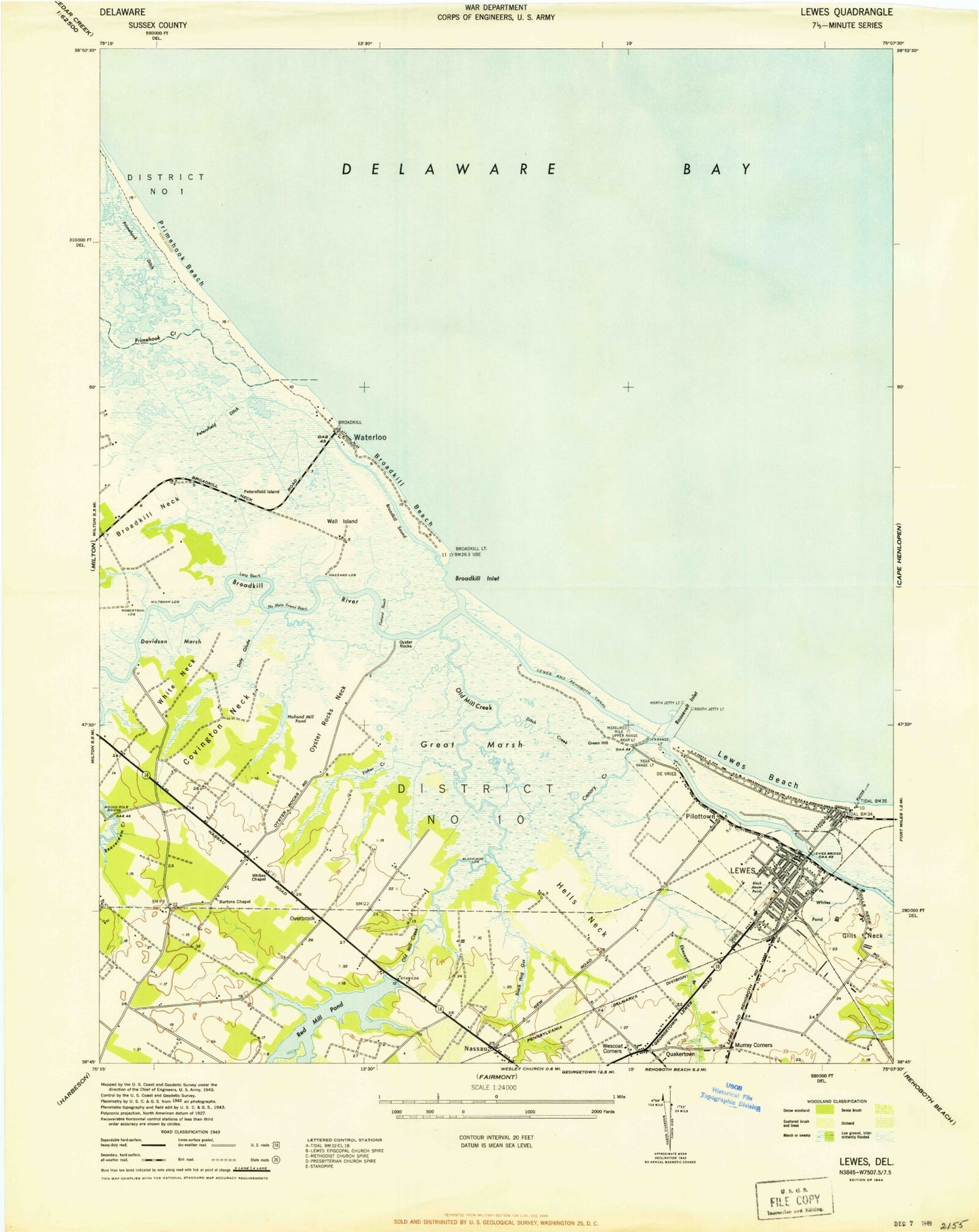 Classic USGS Lewes Delaware 7.5'x7.5' Topo Map Image