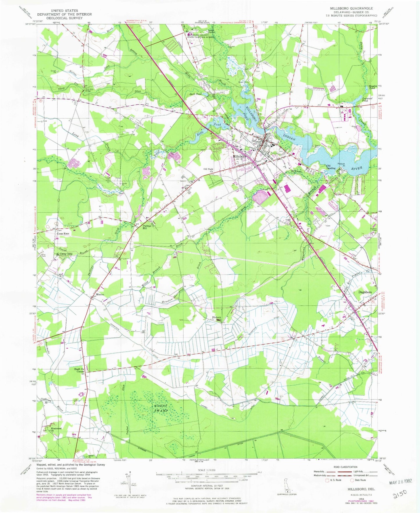 Classic USGS Millsboro Delaware 7.5'x7.5' Topo Map Image
