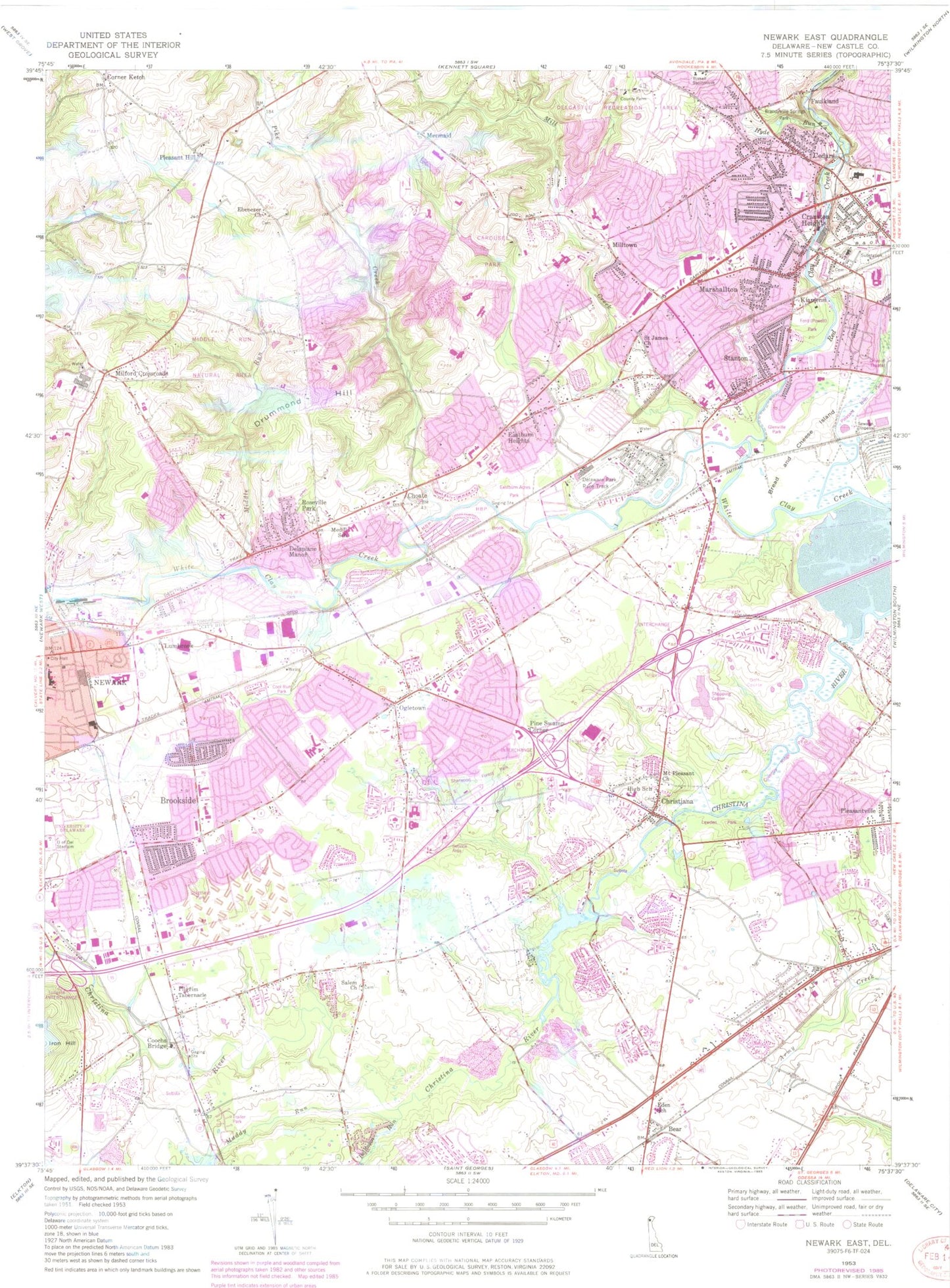 Classic USGS Newark East Delaware 7.5'x7.5' Topo Map Image