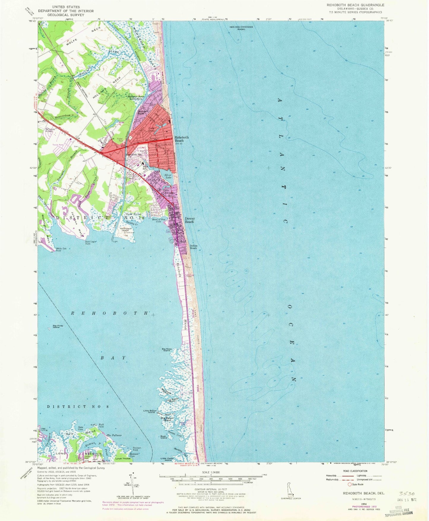 Classic USGS Rehoboth Beach Delaware 7.5'x7.5' Topo Map Image