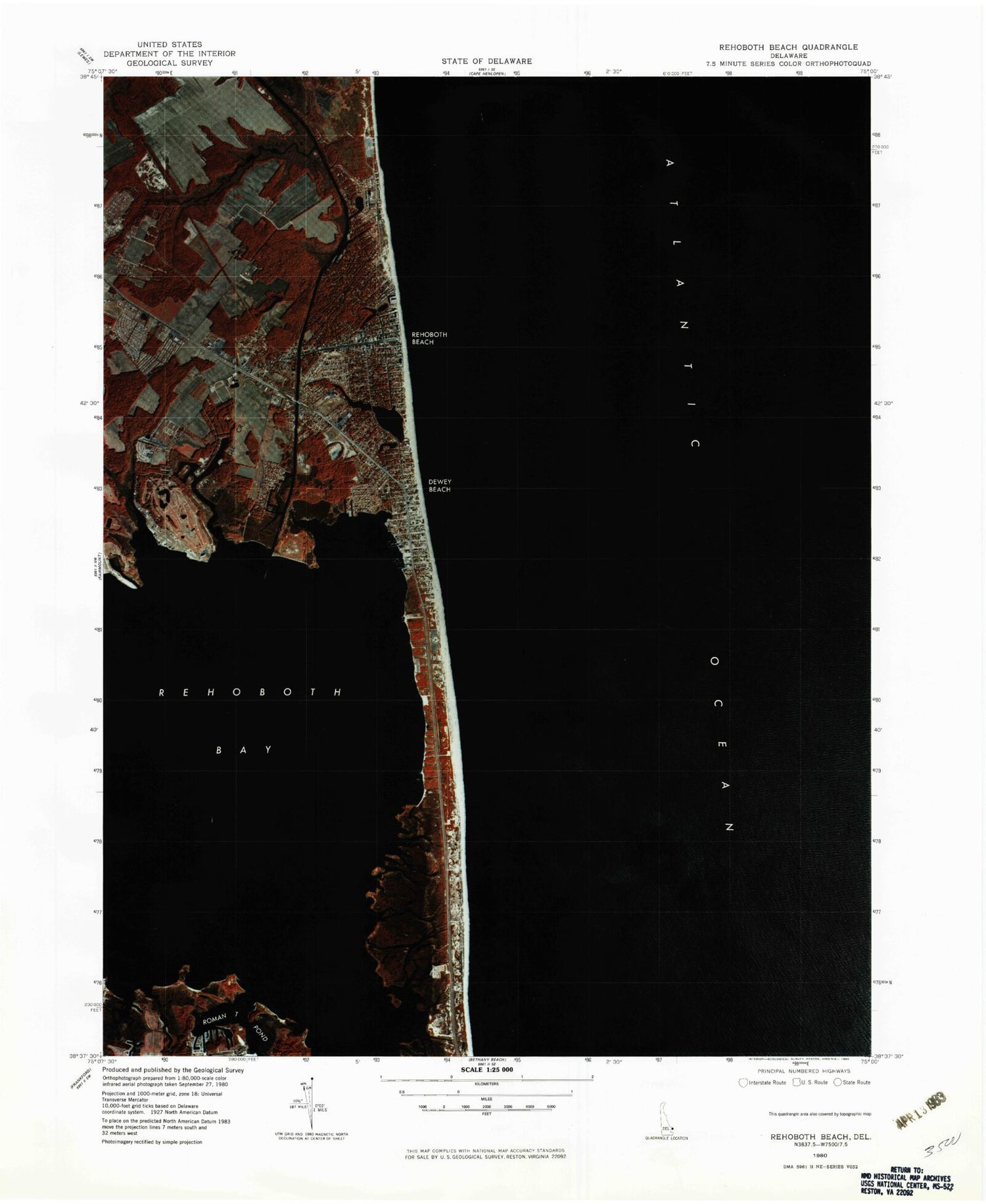 Classic USGS Rehoboth Beach Delaware 7.5'x7.5' Topo Map Image