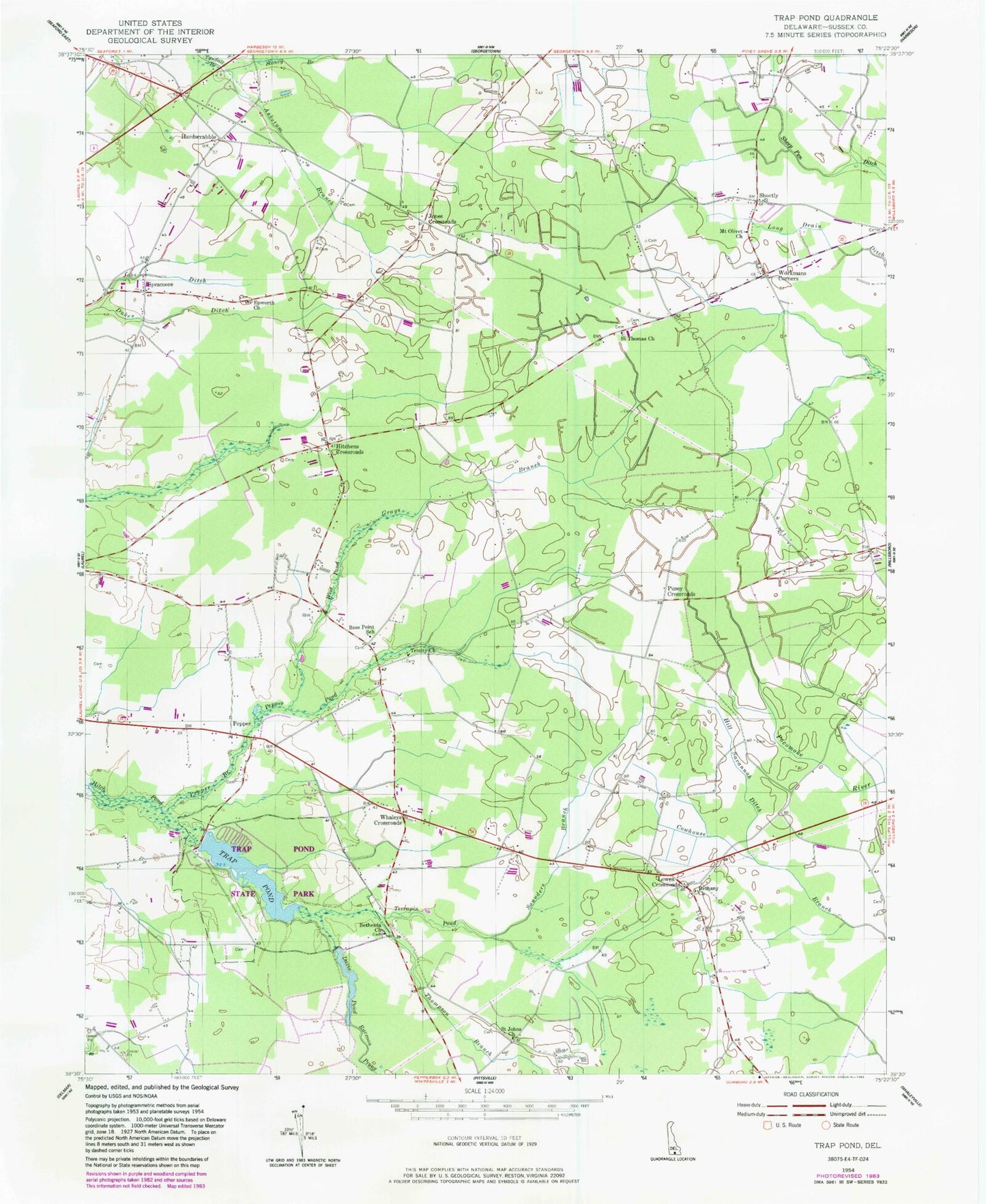 Classic USGS Trap Pond Delaware 7.5'x7.5' Topo Map Image