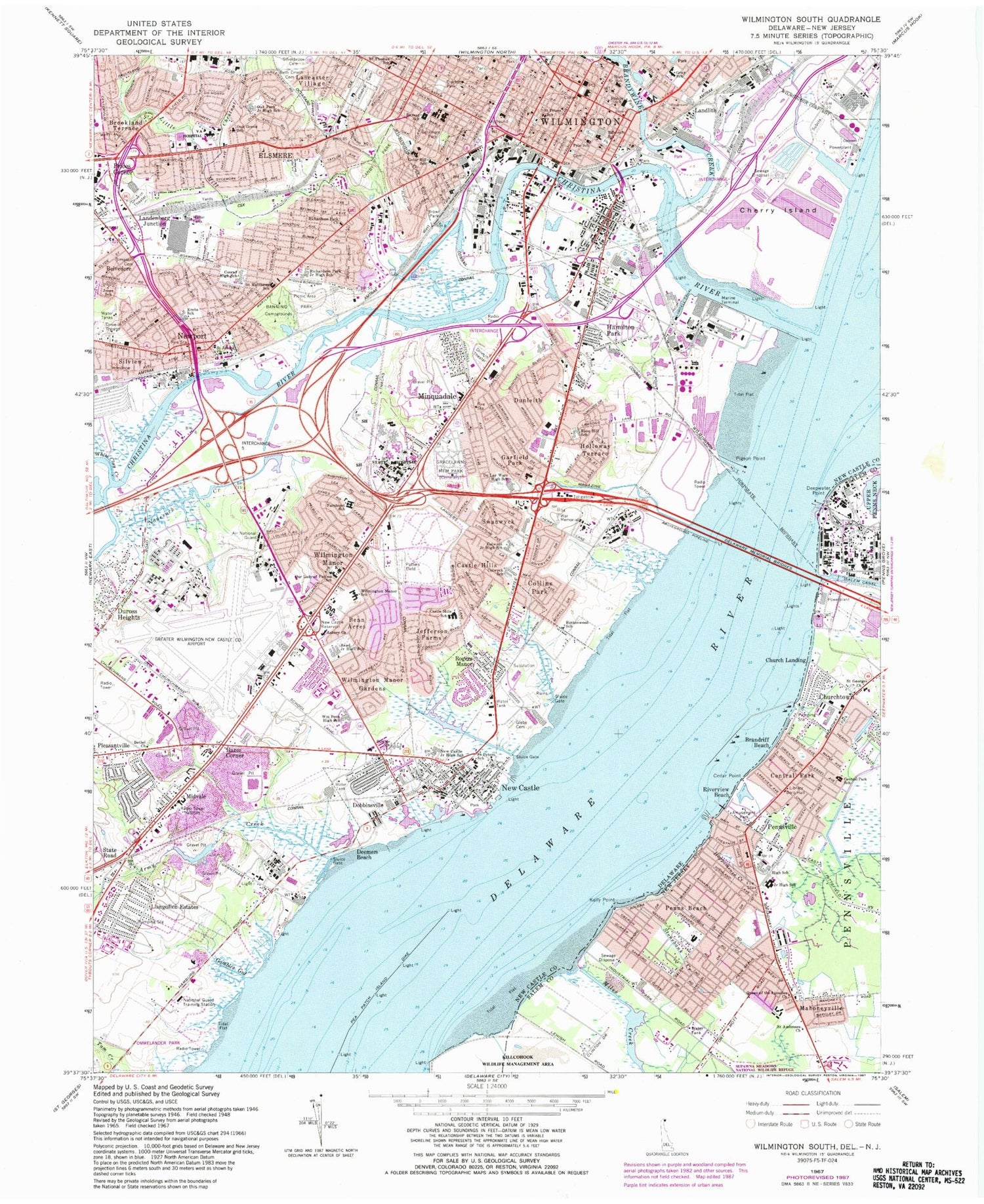 Classic USGS Wilmington South Delaware 7.5'x7.5' Topo Map Image