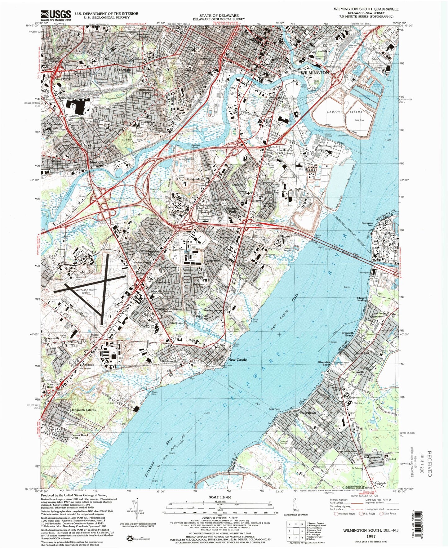 Classic USGS Wilmington South Delaware 7.5'x7.5' Topo Map Image
