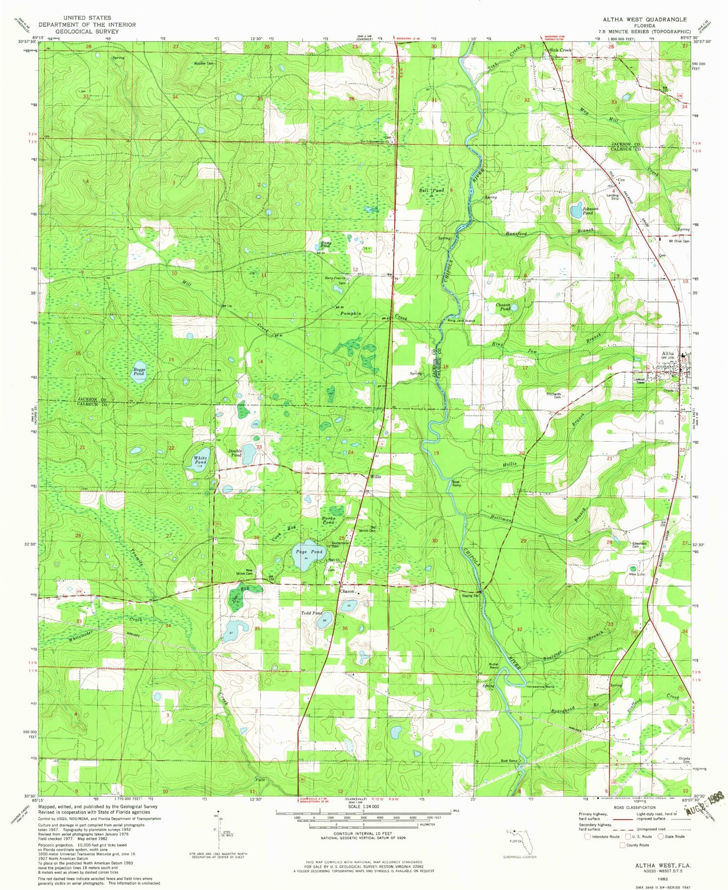 Classic USGS Altha West Florida 7.5'x7.5' Topo Map Image