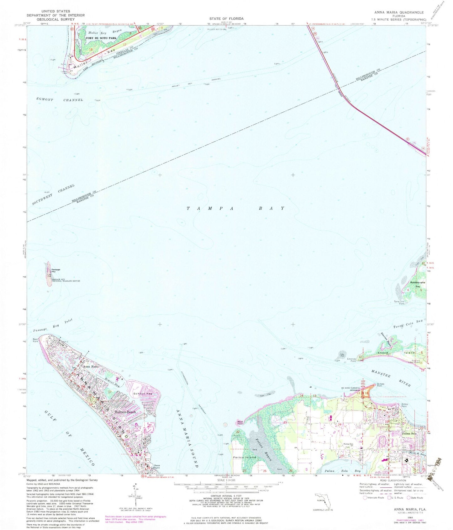 Classic USGS Anna Maria Florida 7.5'x7.5' Topo Map Image