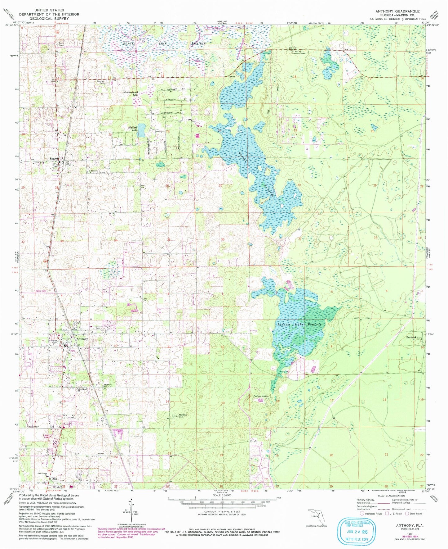 Classic USGS Anthony Florida 7.5'x7.5' Topo Map Image