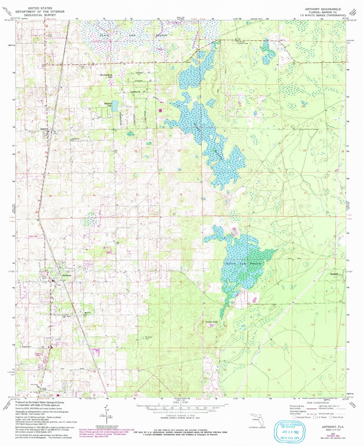 Classic USGS Anthony Florida 7.5'x7.5' Topo Map Image