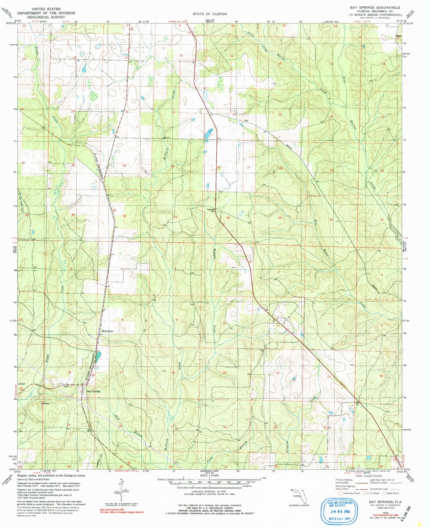 Classic USGS Bay Springs Florida 7.5'x7.5' Topo Map Image
