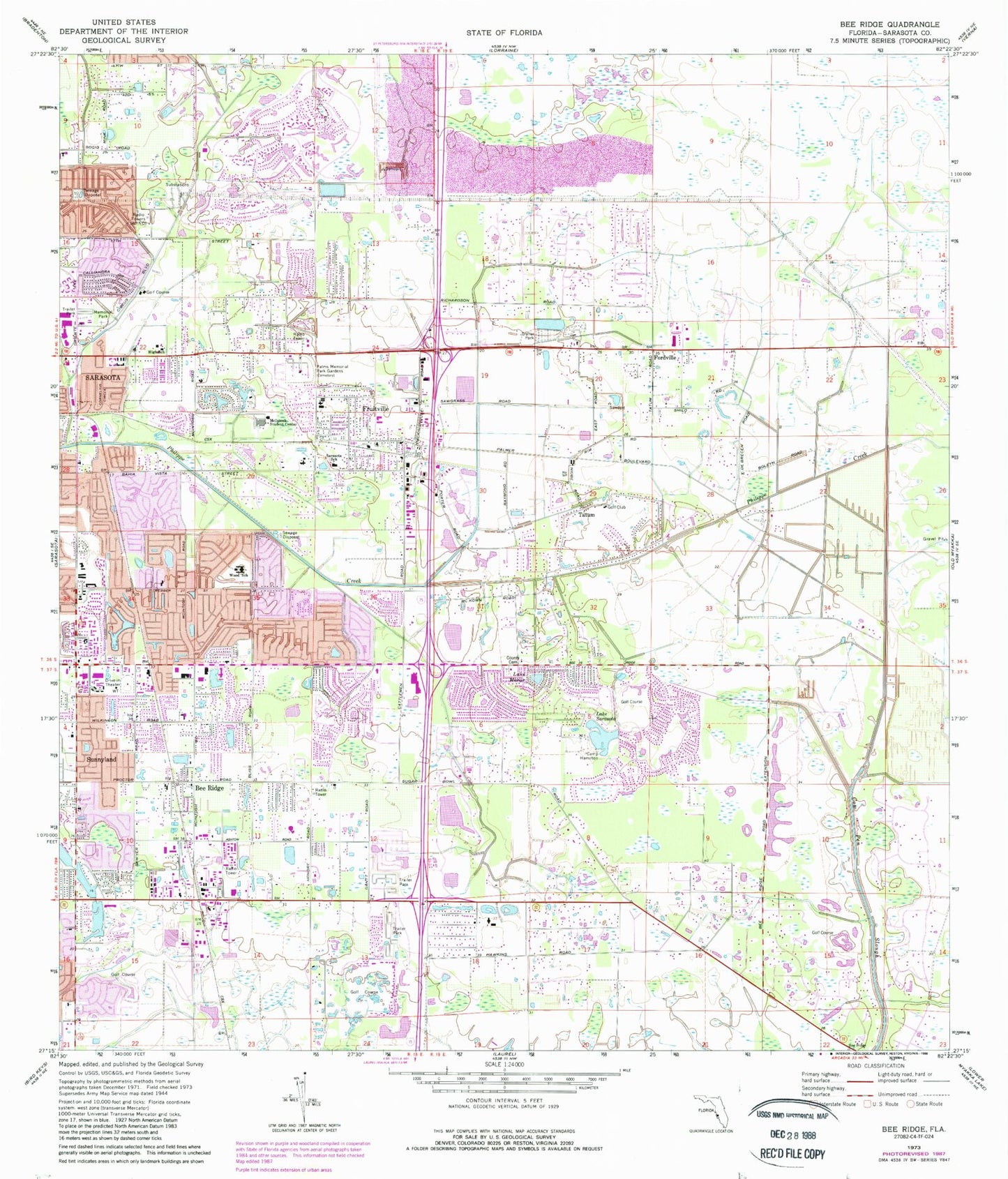 Classic USGS Bee Ridge Florida 7.5'x7.5' Topo Map Image